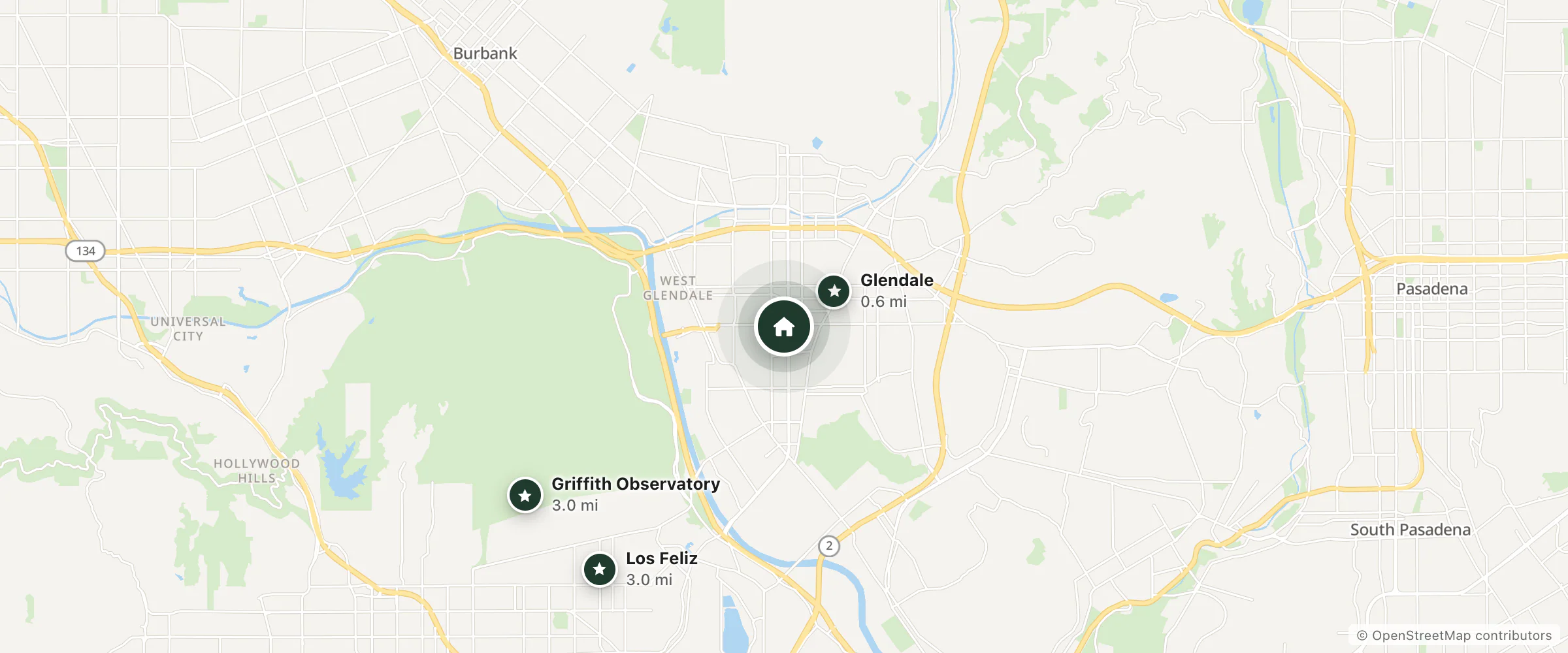 Map of Hampton Inn and Suites Los Angeles - Glendale and nearby Glendale, Los Feliz and Griffith Observatory