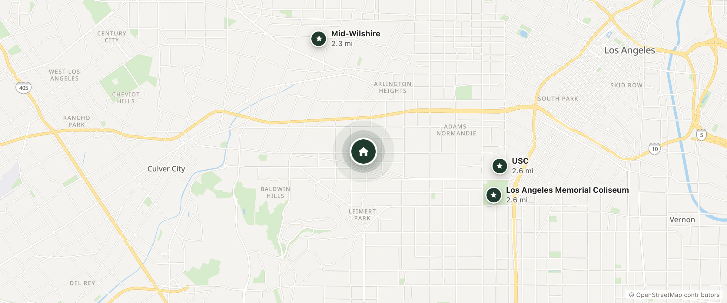 Map of Ramona Motel and nearby Mid-Wilshire, USC and Los Angeles Memorial Coliseum