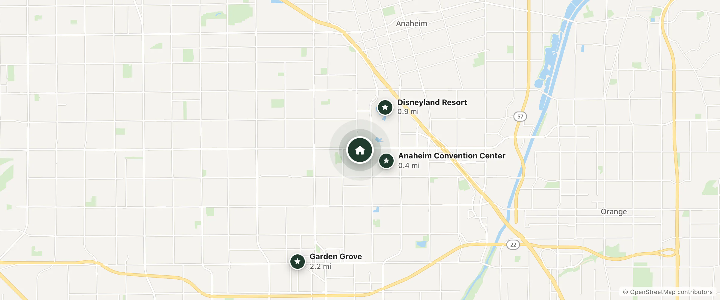 Map of Best Western Plus Pavilions and nearby Anaheim Convention Center, Disneyland Resort and Garden Grove