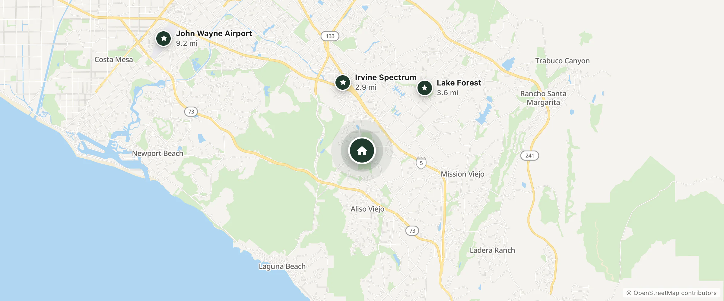Map of Ayres Hotel Laguna Woods and nearby Irvine Spectrum, Lake Forest and John Wayne Airport