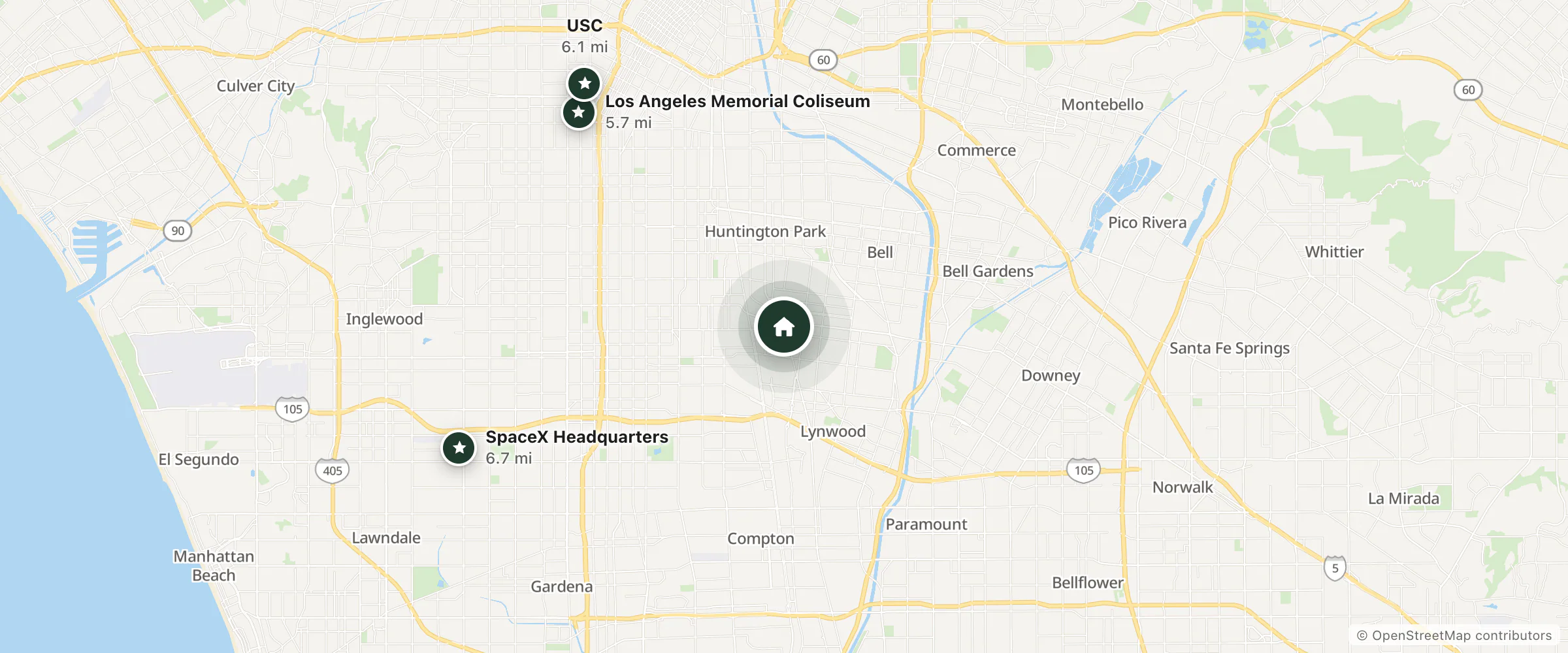 Map of Budget Inn and nearby Los Angeles Memorial Coliseum, USC and SpaceX Headquarters