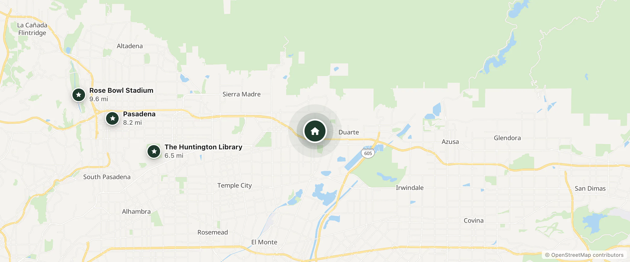 Map of TownePlace Suites by Marriott Monrovia and nearby The Huntington Library, Pasadena and Rose Bowl Stadium