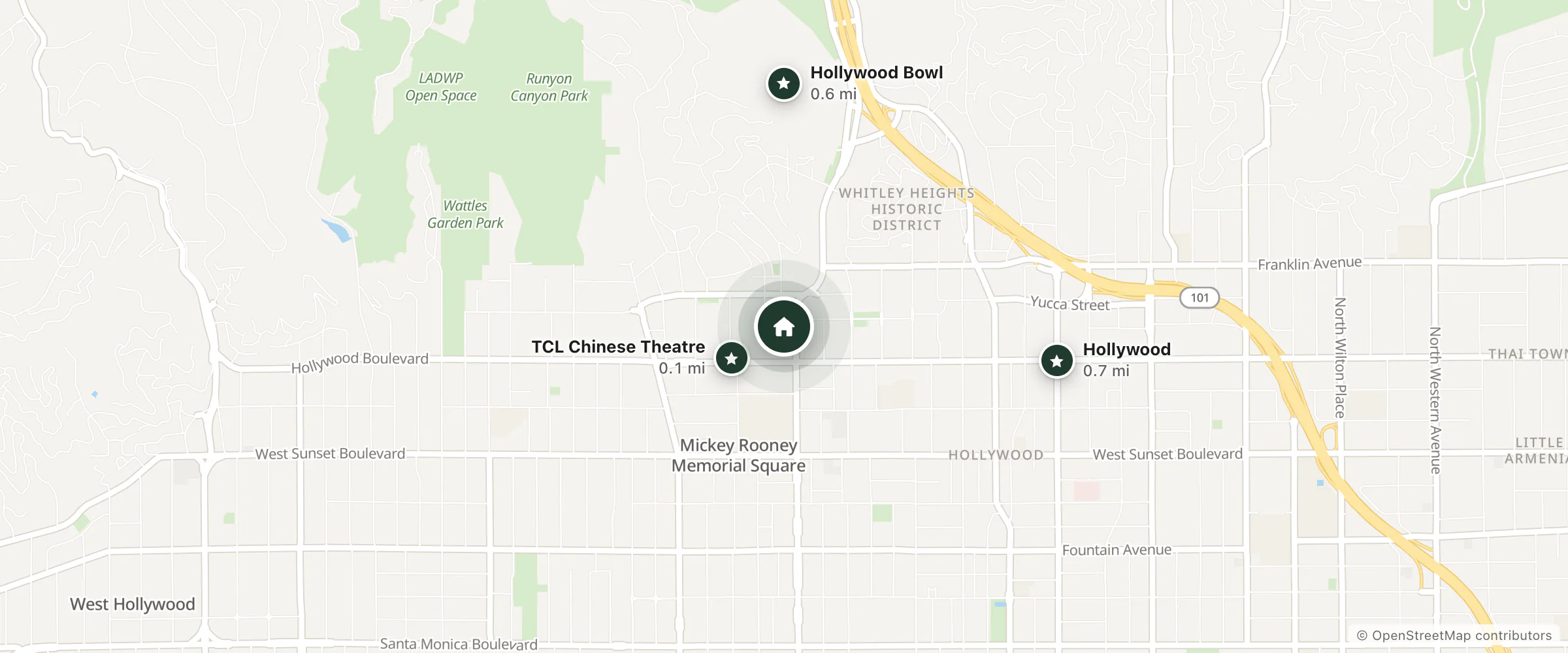 Map of Lowes Hotel Hollywood and nearby TCL Chinese Theatre, Hollywood Bowl and Hollywood
