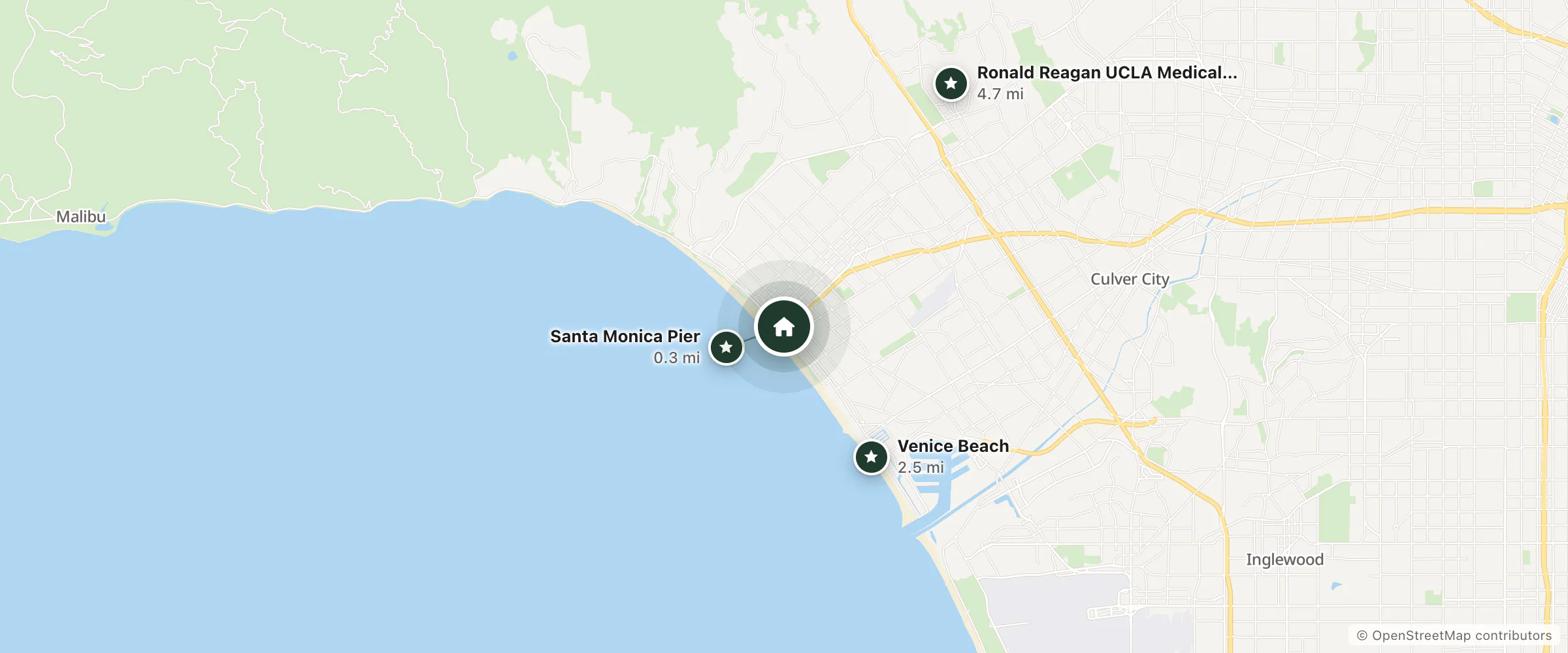 Map of Ocean Lodge Santa Monica Beach Hotel and nearby Santa Monica Pier, Venice Beach and Ronald Reagan UCLA Medical Center