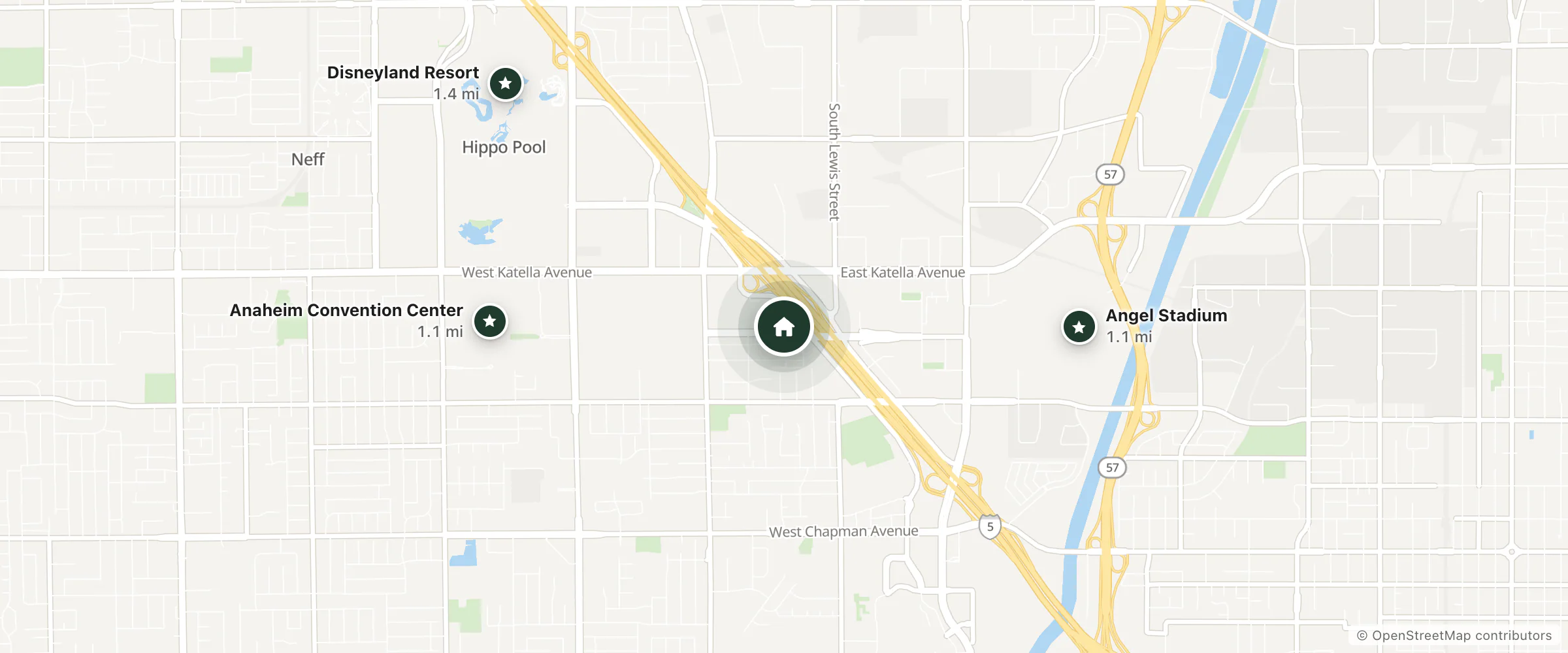 Map of Holiday Inn Anaheim Resort and nearby Anaheim Convention Center, Angel Stadium and Disneyland Resort
