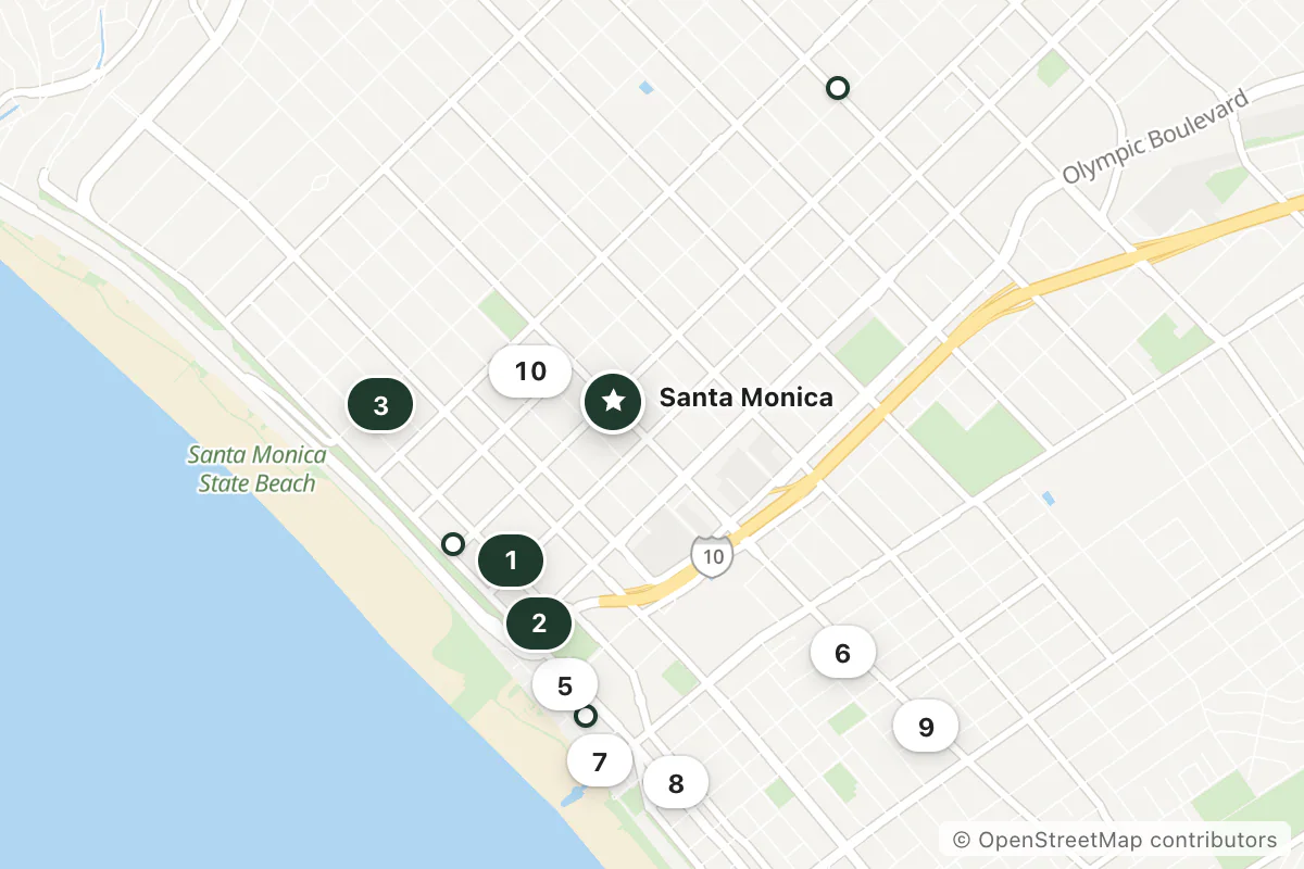 Map of the top 13 hotels for this question around Santa Monica