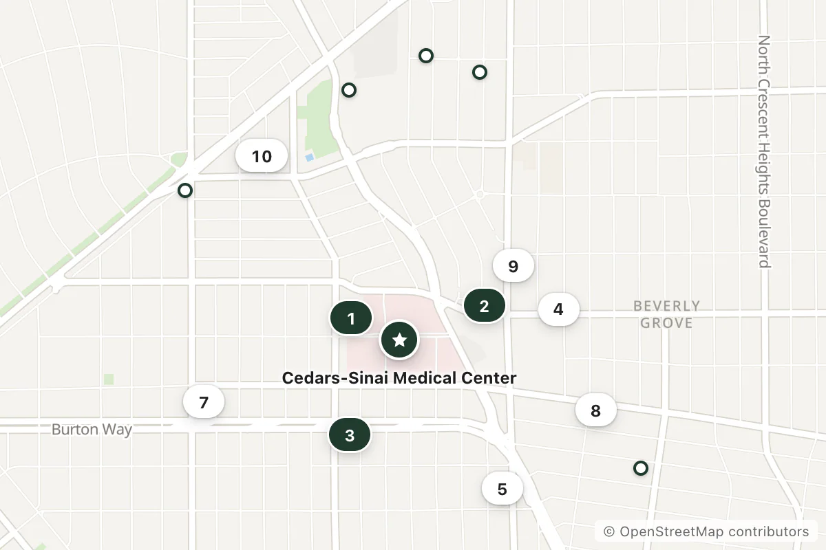 Map of the top 16 hotels for this question around Cedars-Sinai Medical Center