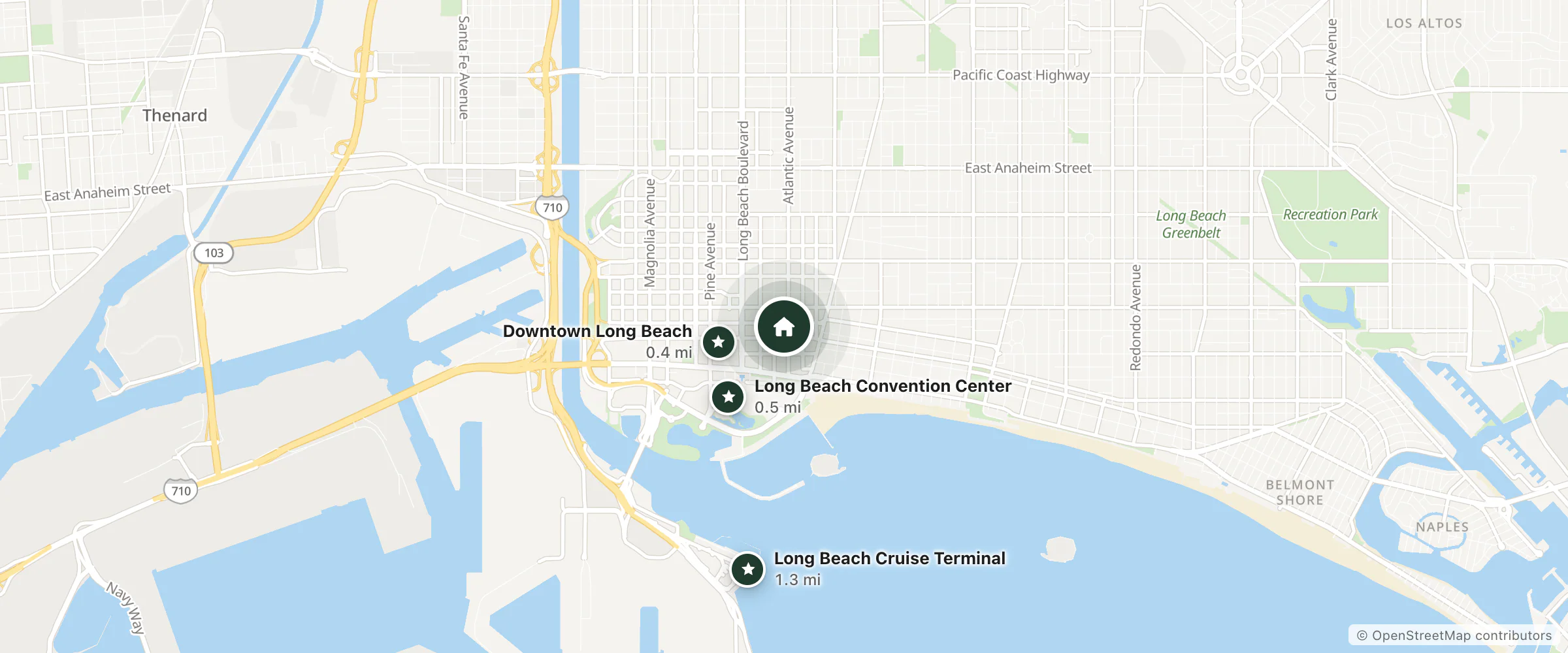 Map of City Center Hotel by Kasa and nearby Downtown Long Beach, Long Beach Convention Center and Long Beach Cruise Terminal