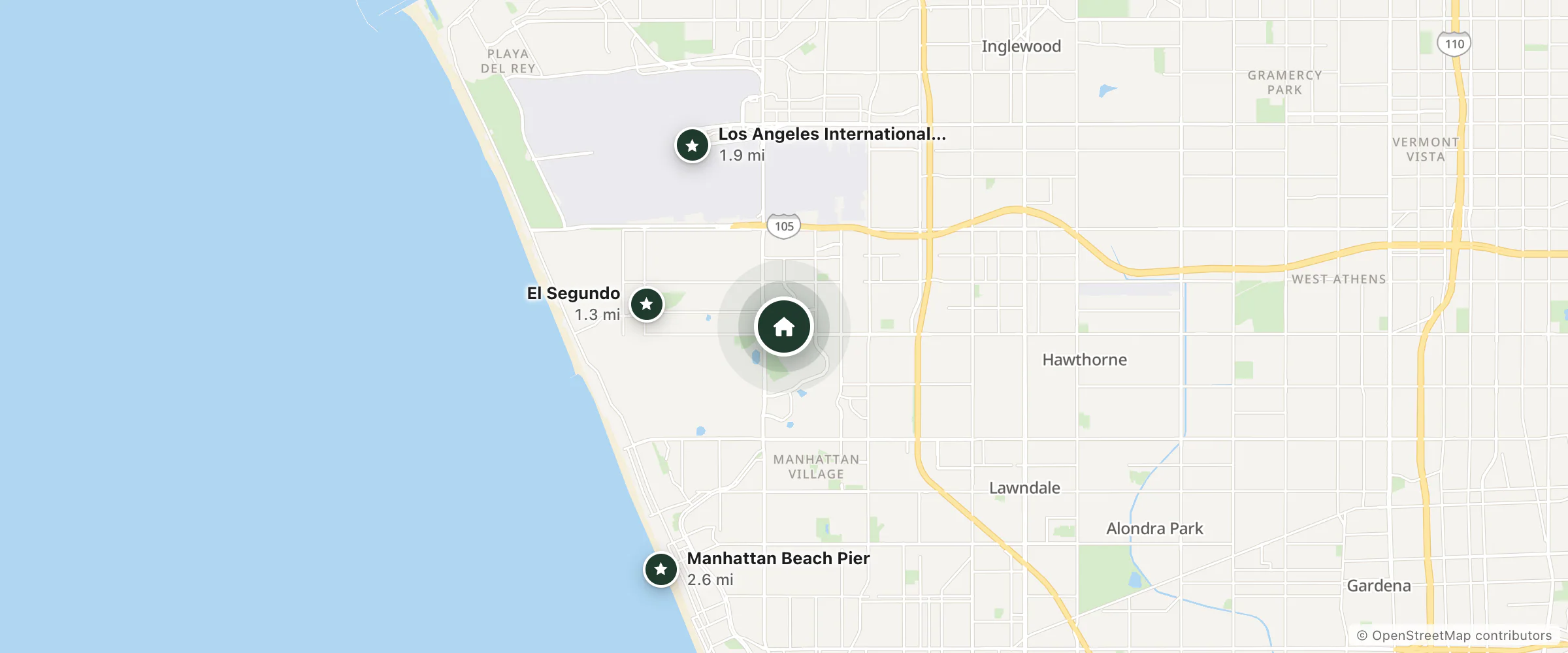 Map of Cambria Hotel and nearby El Segundo, Los Angeles International Airport and Manhattan Beach Pier