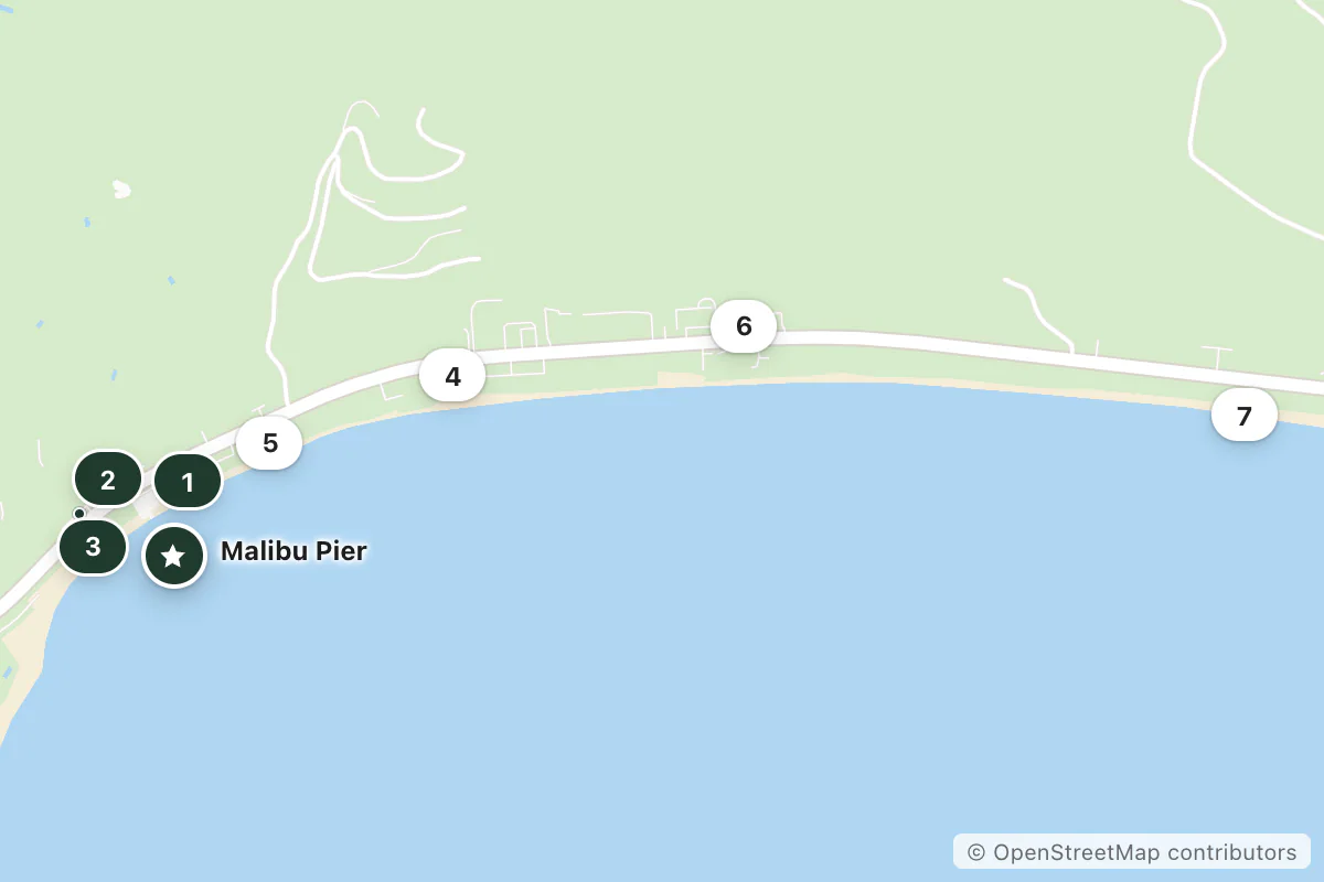 Map of the top 7 hotels for this question around Malibu Pier