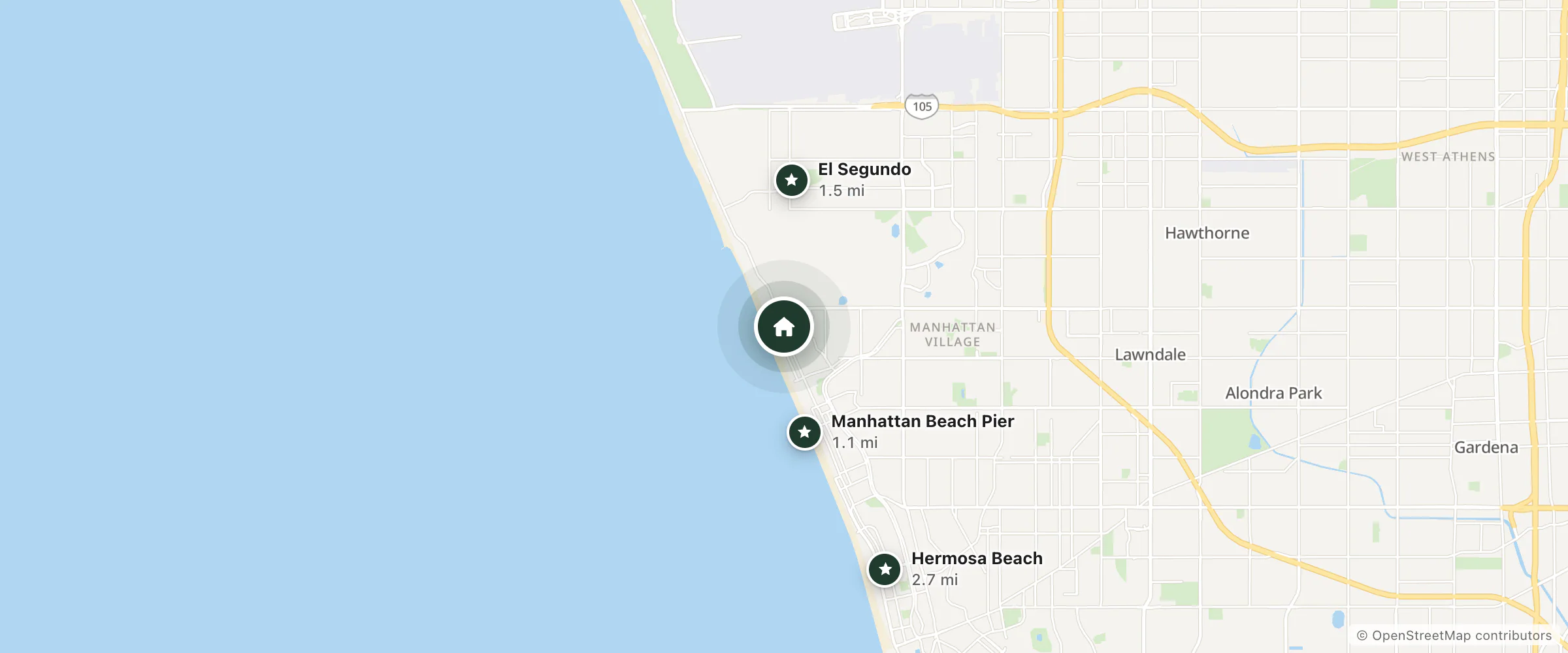 Map of Sea View Inn at the Beach and nearby Manhattan Beach Pier, El Segundo and Hermosa Beach