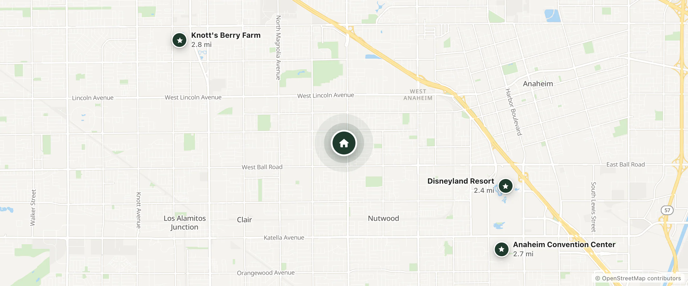 Map of Brookhurst Plaza Inn and nearby Disneyland Resort, Anaheim Convention Center and Knott's Berry Farm