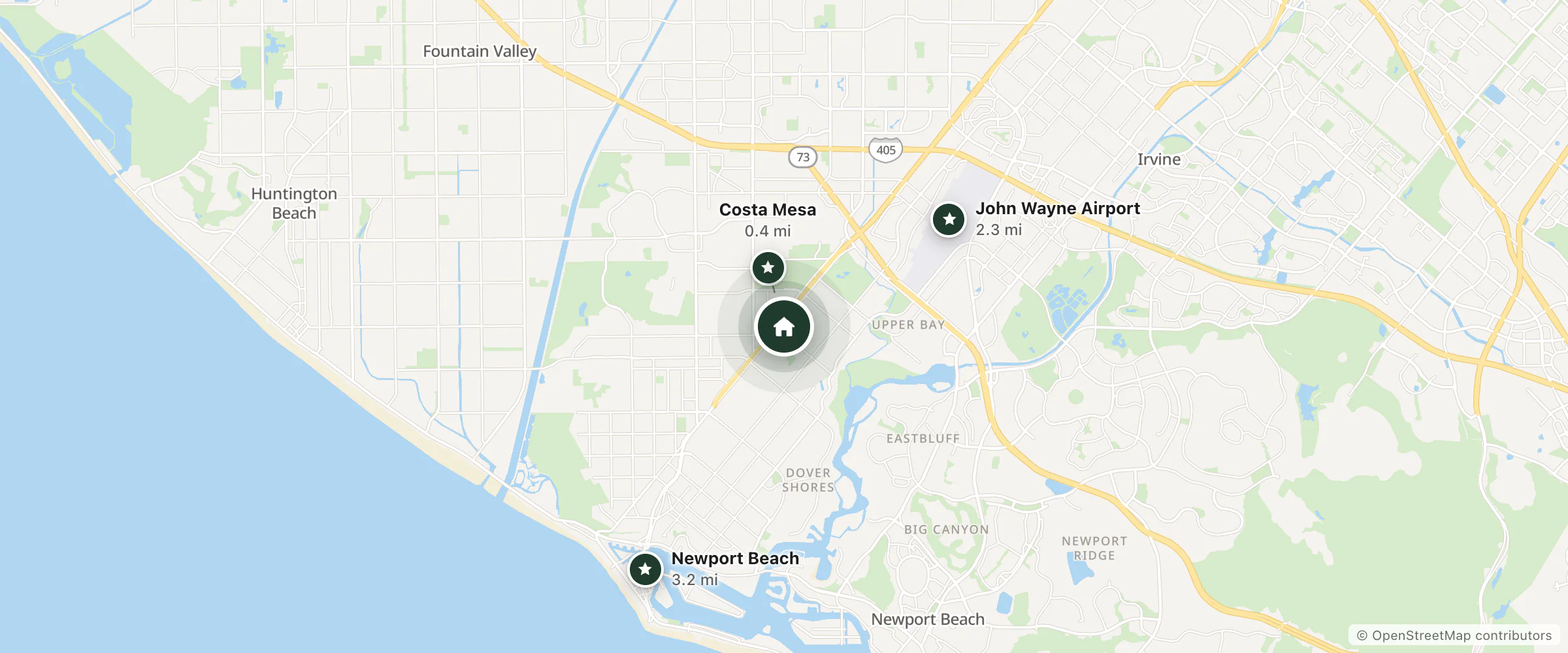 Map of OC Hotel Costa Mesa and nearby Costa Mesa, John Wayne Airport and Newport Beach