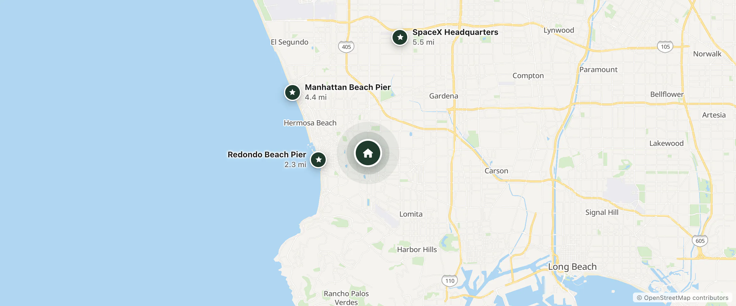 Map of Del Amo Inn and nearby Redondo Beach Pier, Manhattan Beach Pier and SpaceX Headquarters
