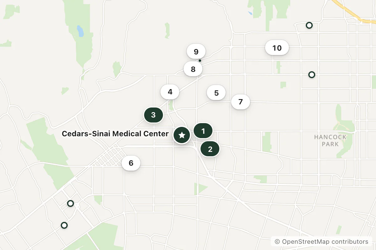 Map of the top 14 hotels for this question around Cedars-Sinai Medical Center