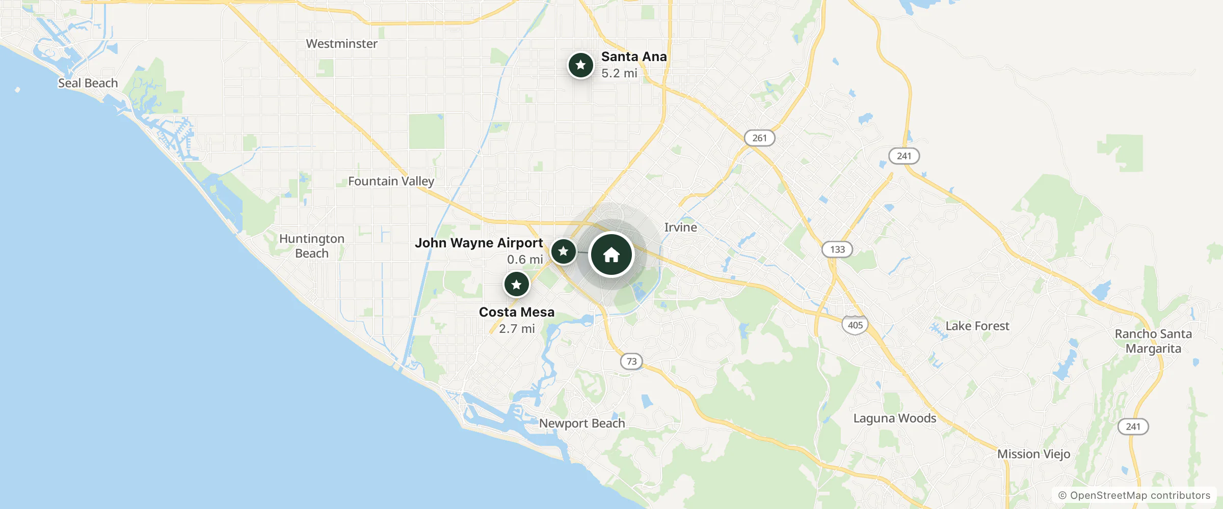Map of Hampton Inn & Suites Irvine-Orange County Airport and nearby John Wayne Airport, Costa Mesa and Santa Ana