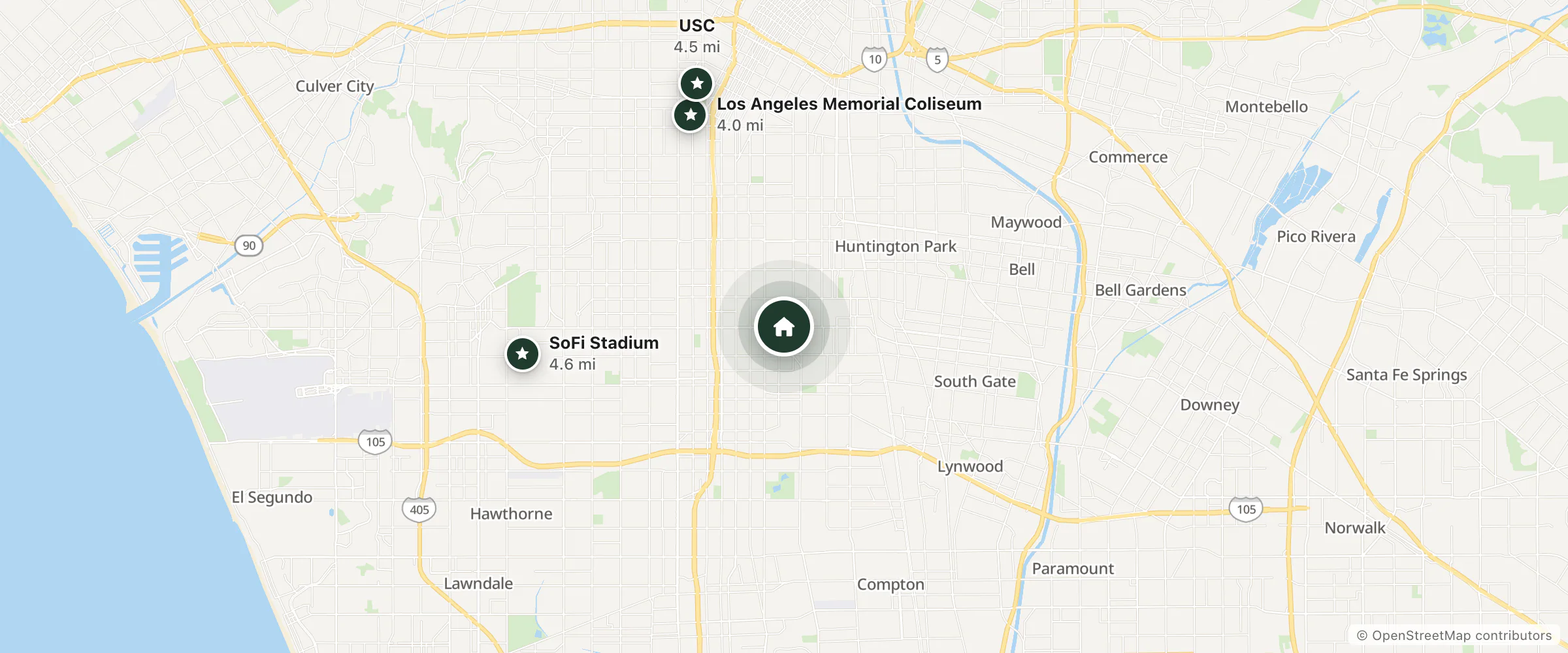 Map of Corona Motel and nearby Los Angeles Memorial Coliseum, USC and SoFi Stadium