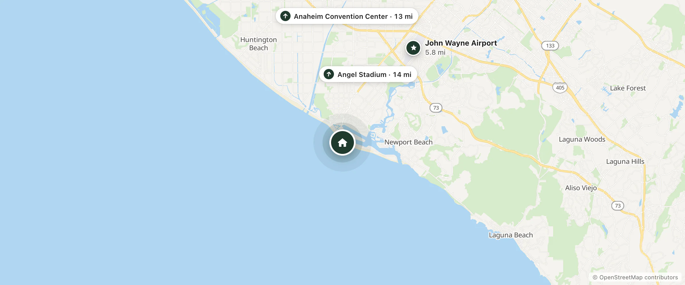 Map of Doryman's Inn and nearby John Wayne Airport, Anaheim Convention Center and Angel Stadium