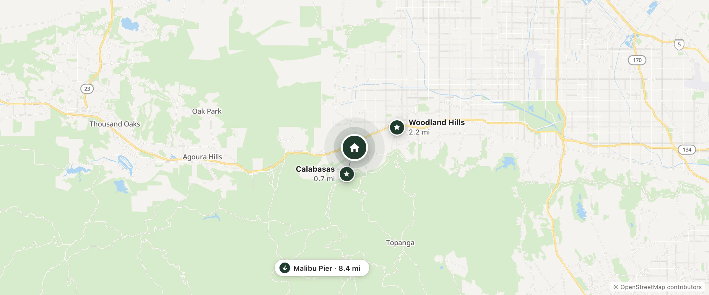 Map of Calabasas Inn and nearby Calabasas, Woodland Hills and Malibu Pier