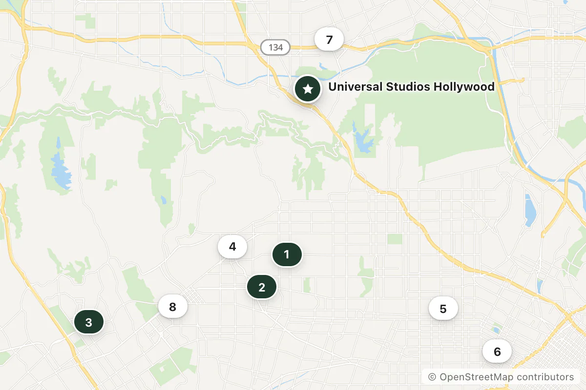 Map of the top 8 hotels for this question around Universal Studios Hollywood