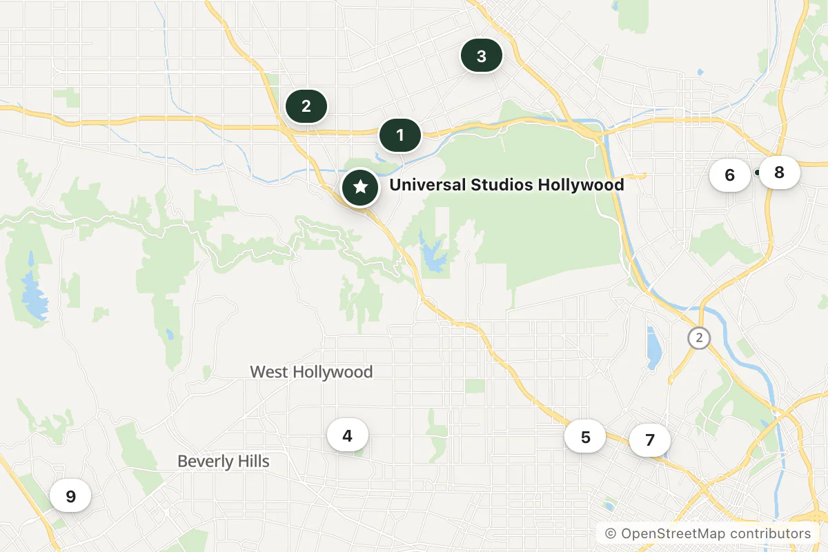 Map of the top 10 hotels for this question around Universal Studios Hollywood