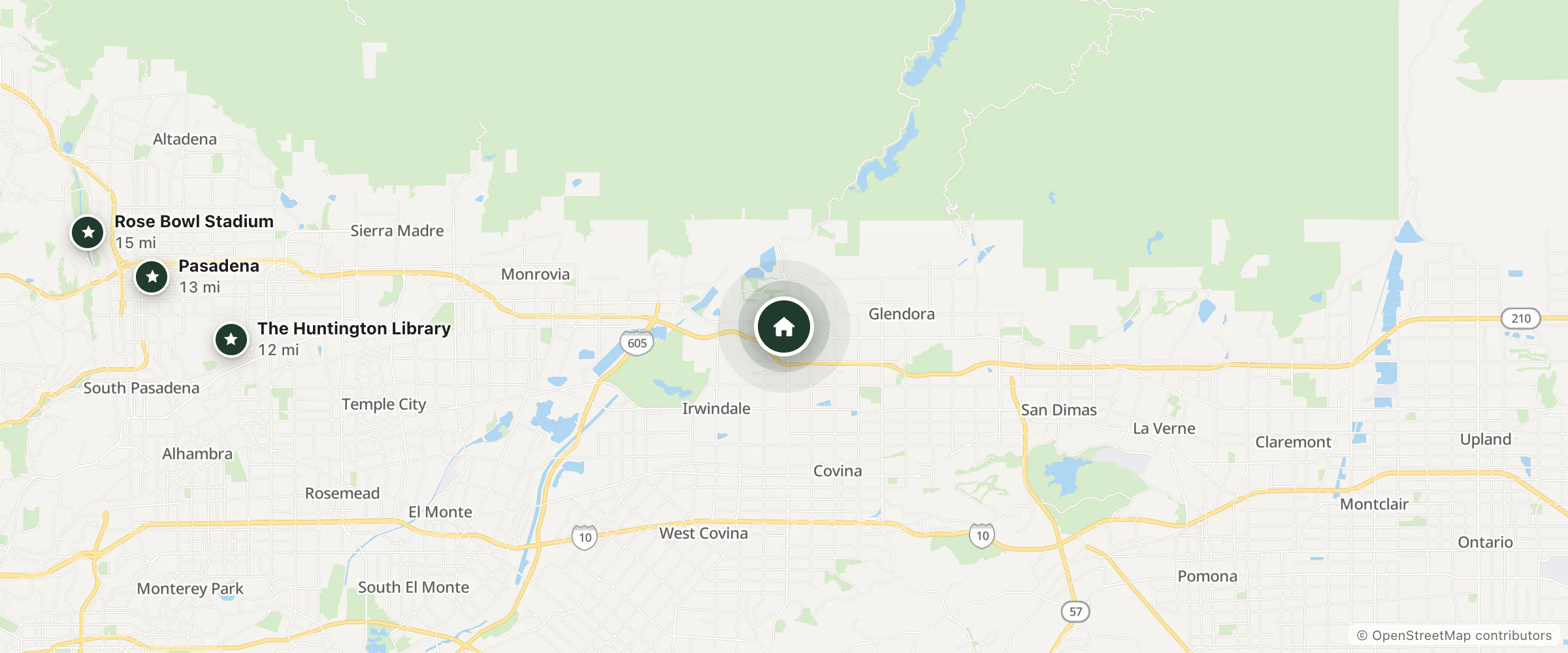 Map of Mantra Coffee & BnB and nearby The Huntington Library, Pasadena and Rose Bowl Stadium