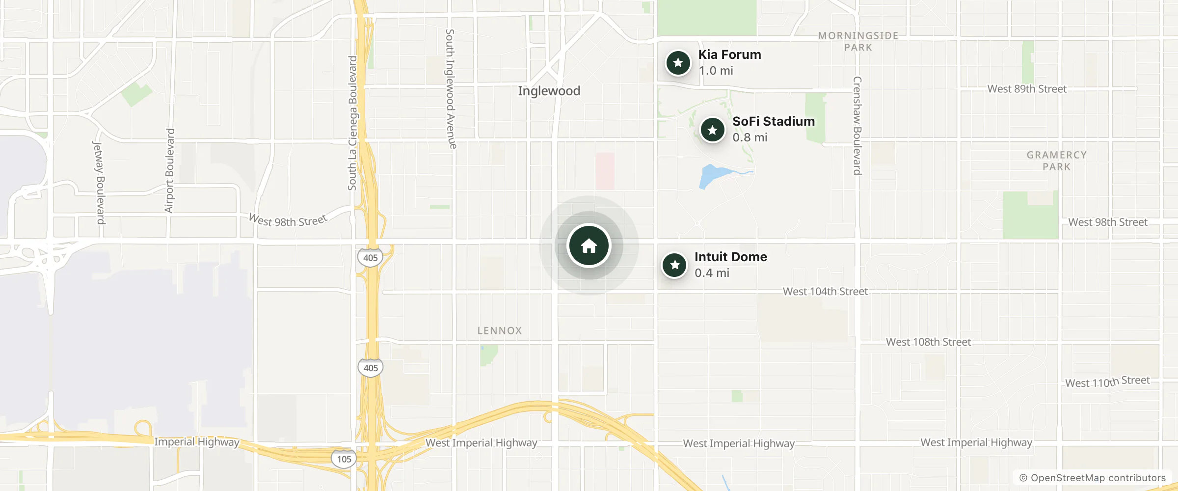 Map of Super 8 by Wyndham Inglewood LAX LA Airport and nearby Intuit Dome, SoFi Stadium and Kia Forum