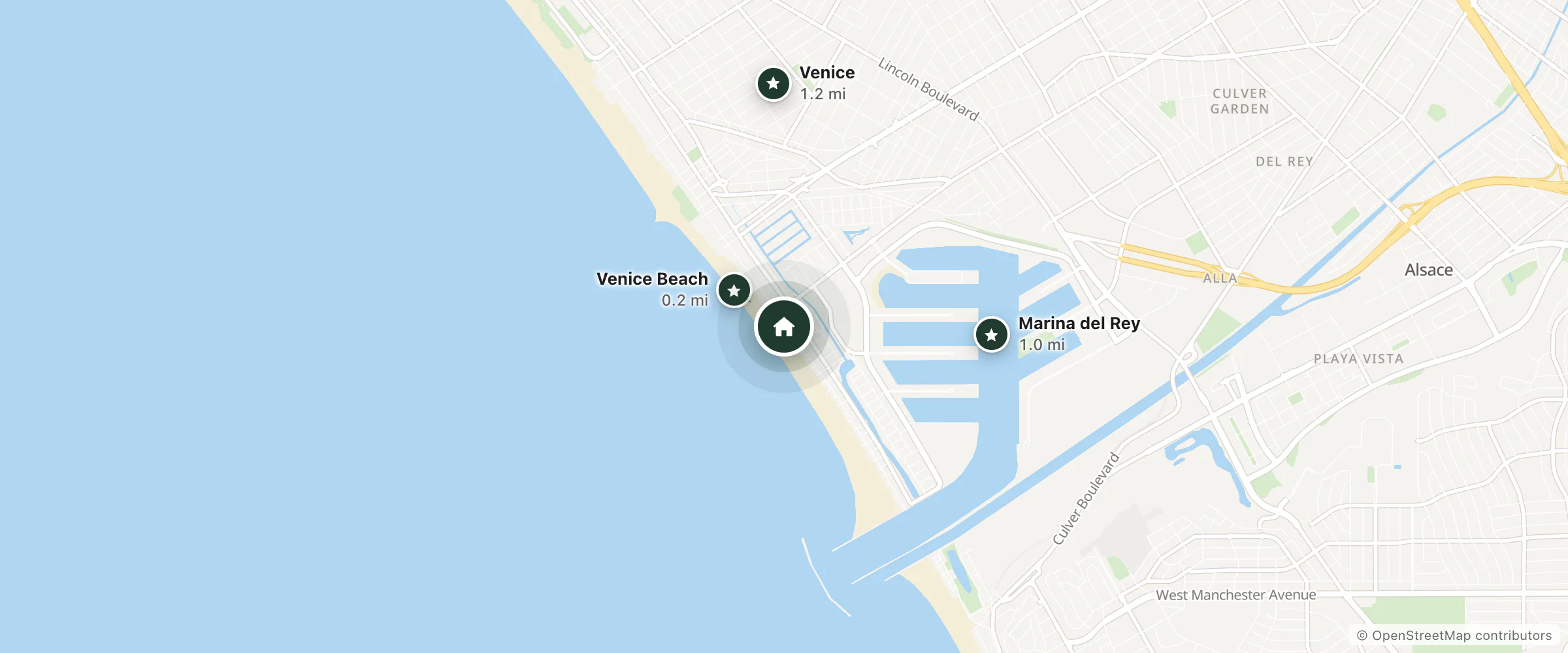 Map of Venice/Marina Beachfront Bungalow and nearby Venice Beach, Marina del Rey and Venice