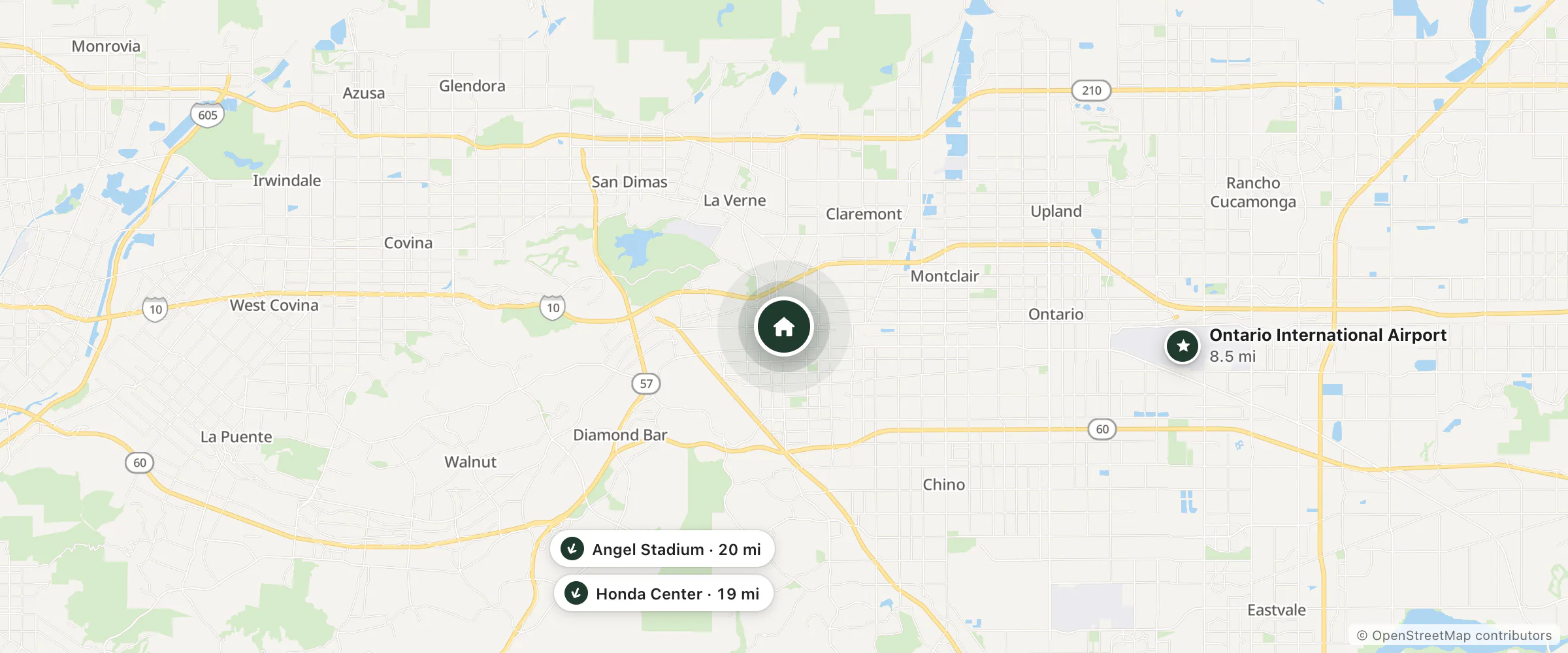 Map of OYO Hotel Pomona CA - I-10 & Hwy 71 and nearby Ontario International Airport, Honda Center and Angel Stadium