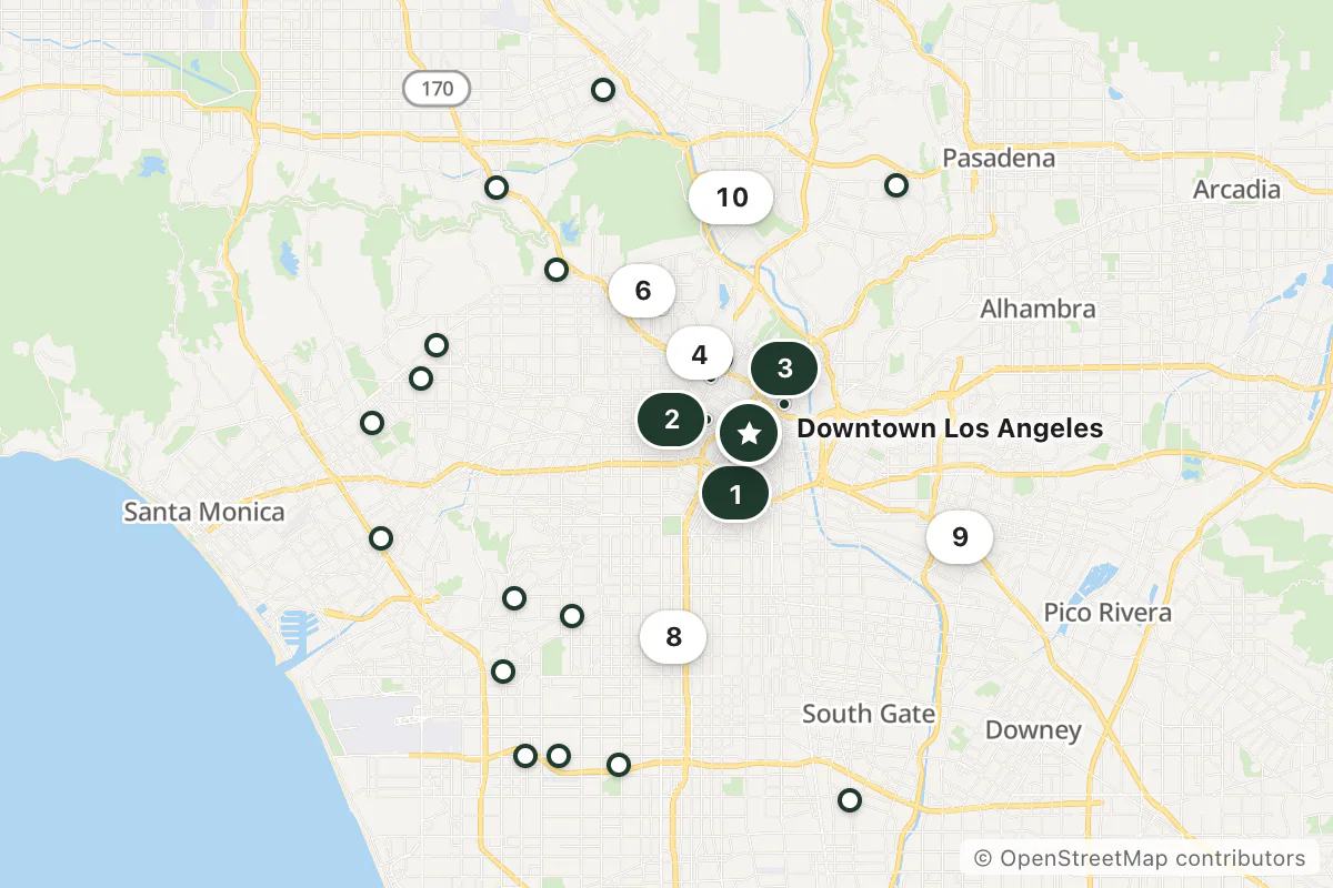 Map of the top 25 hotels for this question around Downtown Los Angeles