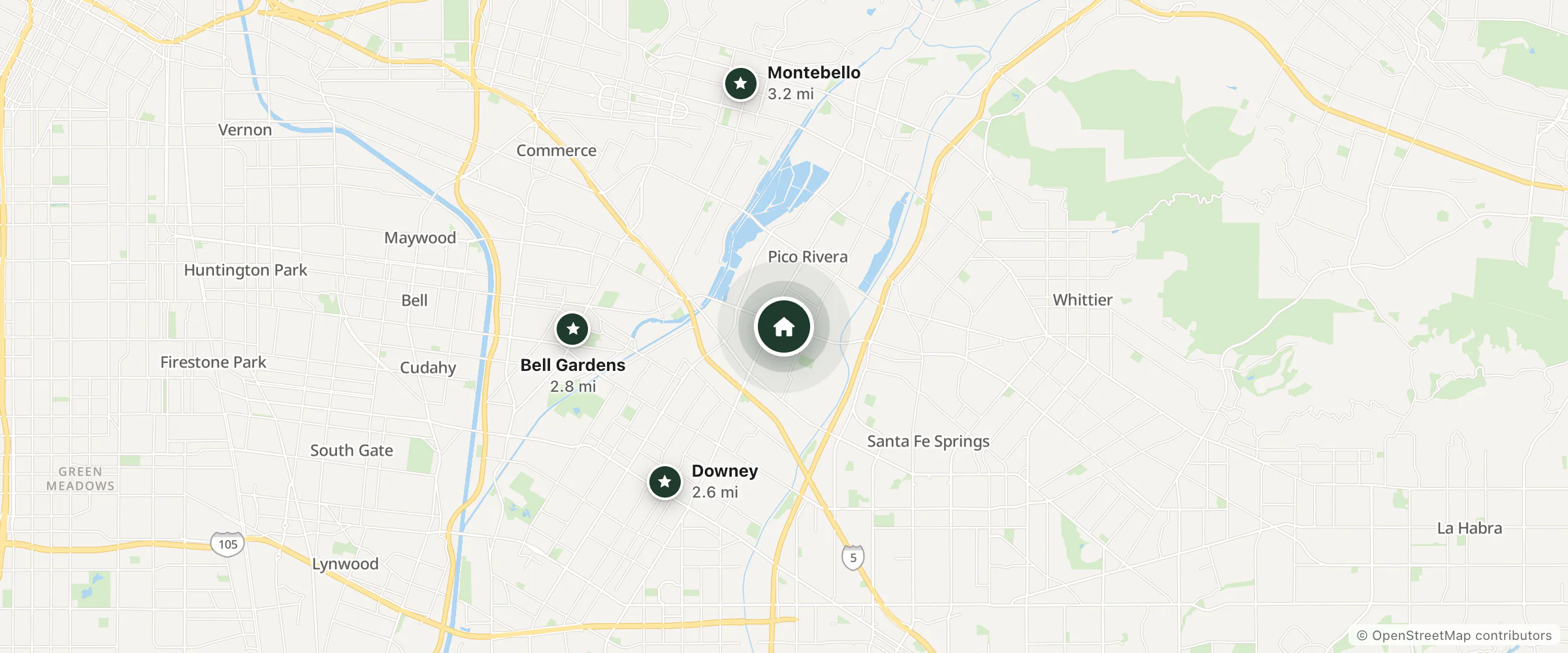 Map of Rivera Inn & Suites Motel and nearby Downey, Bell Gardens and Montebello