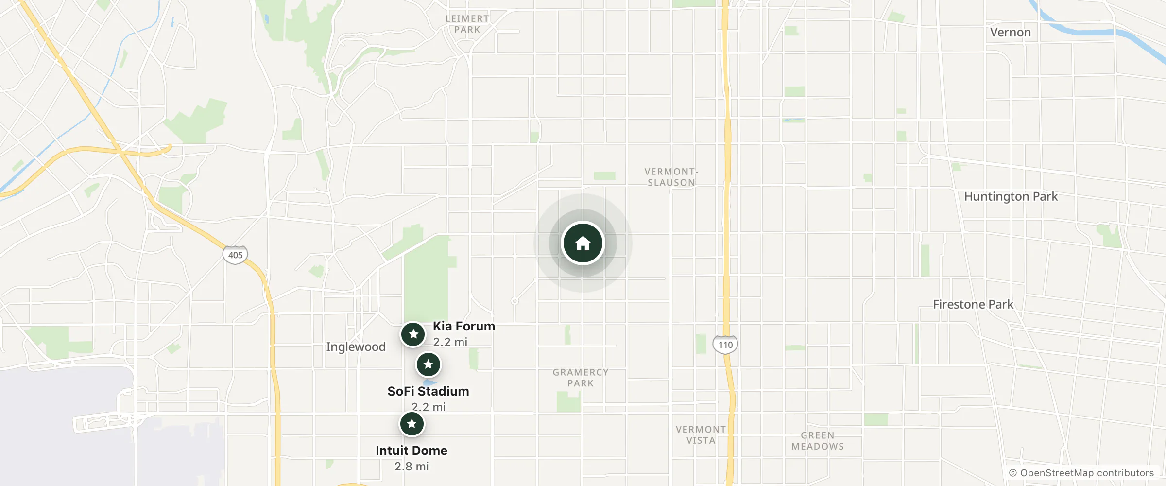 Map of Atlas motel and nearby Kia Forum, SoFi Stadium and Intuit Dome