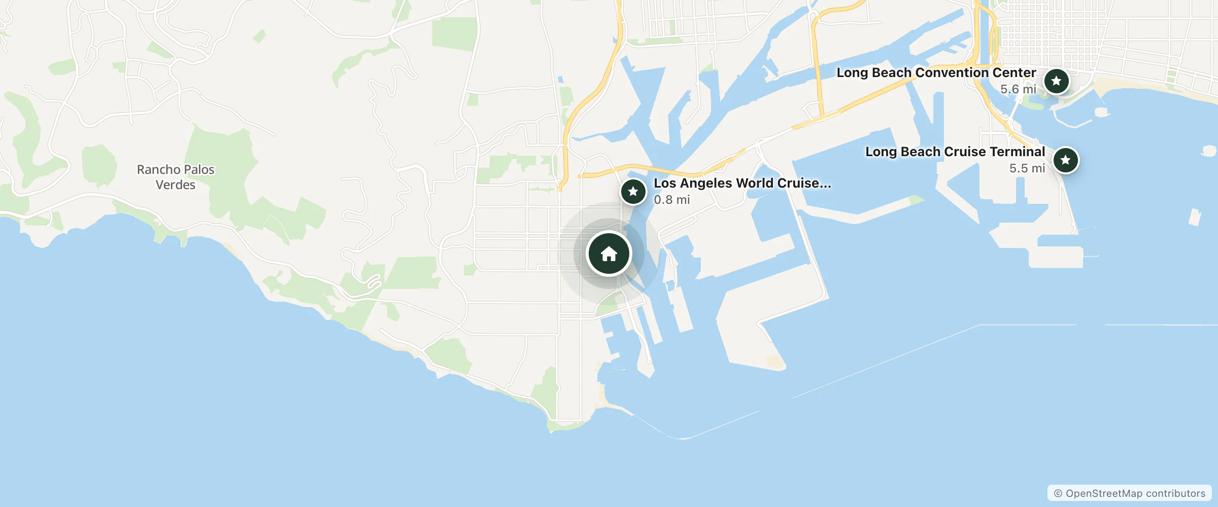 Map of Royal Hotel and nearby Los Angeles World Cruise Center, Long Beach Cruise Terminal and Long Beach Convention Center