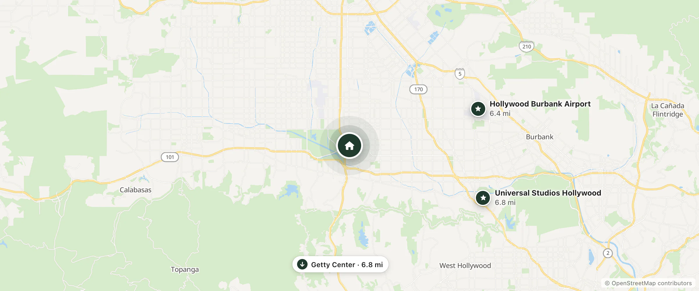Map of El Cortez and nearby Hollywood Burbank Airport, Getty Center and Universal Studios Hollywood