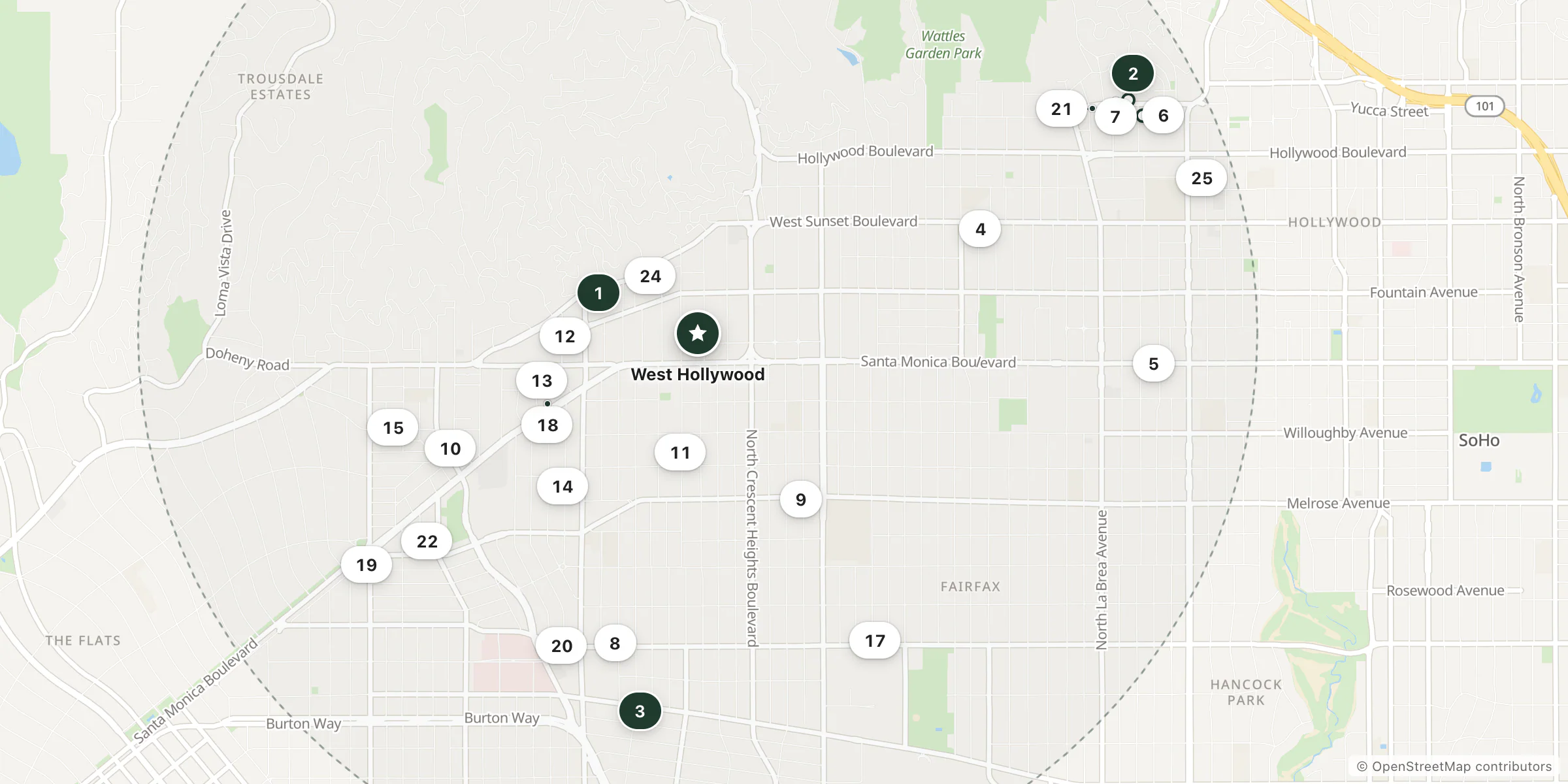 Map of hotels near West Hollywood