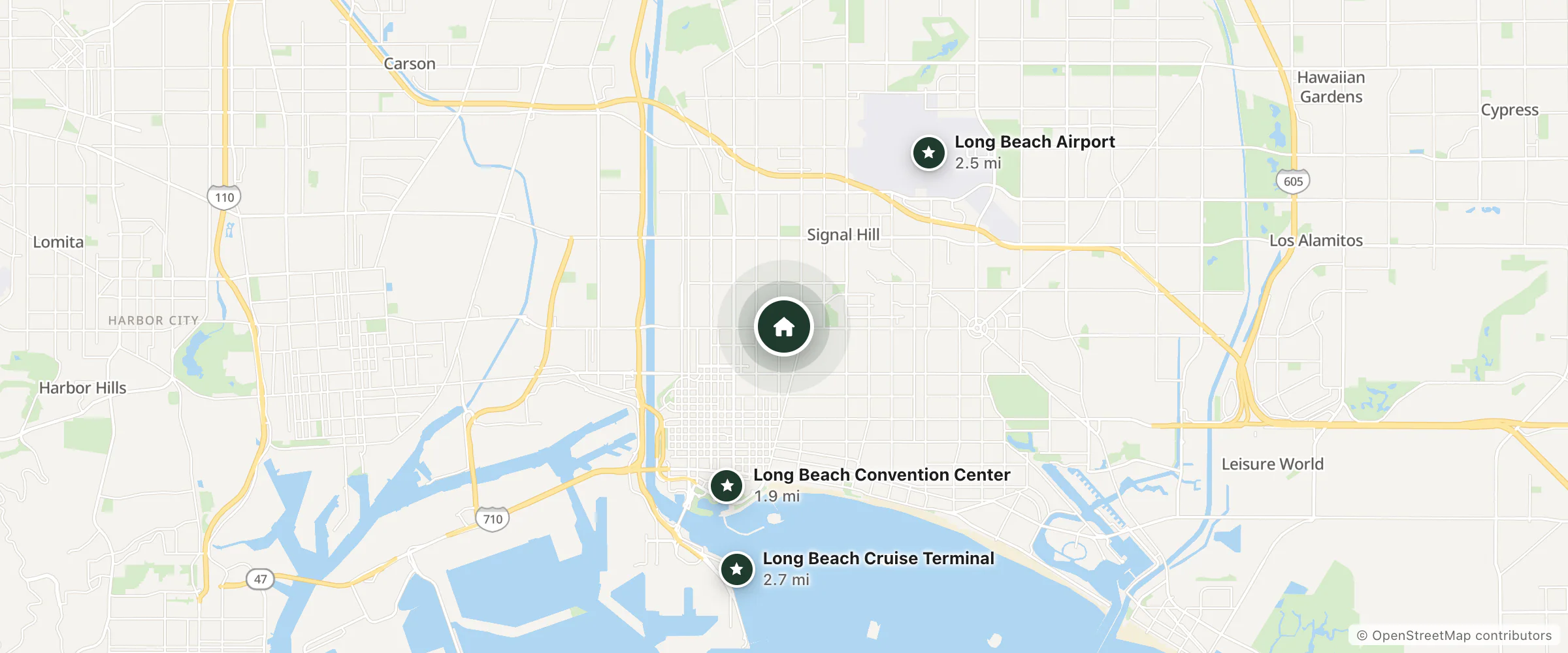 Map of Coronado Motel and nearby Long Beach Convention Center, Long Beach Airport and Long Beach Cruise Terminal