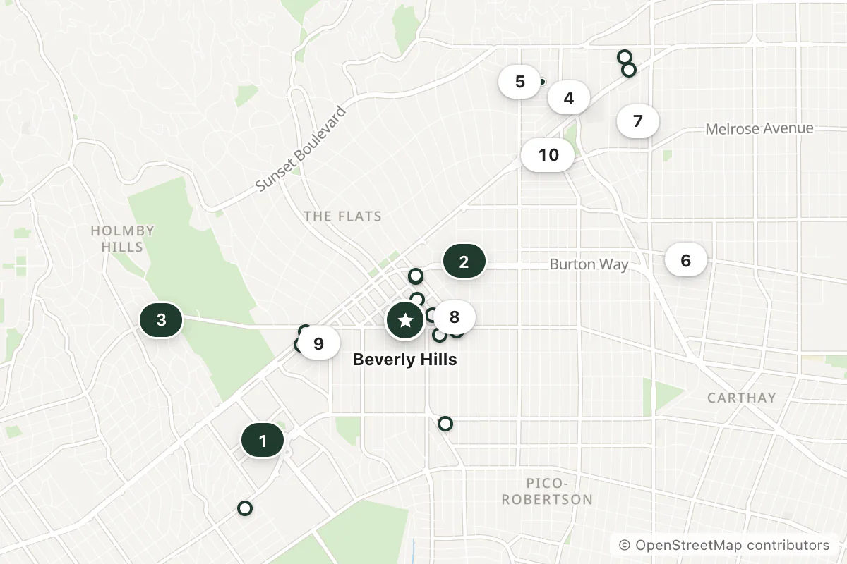Map of the top 25 hotels for this question around Beverly Hills