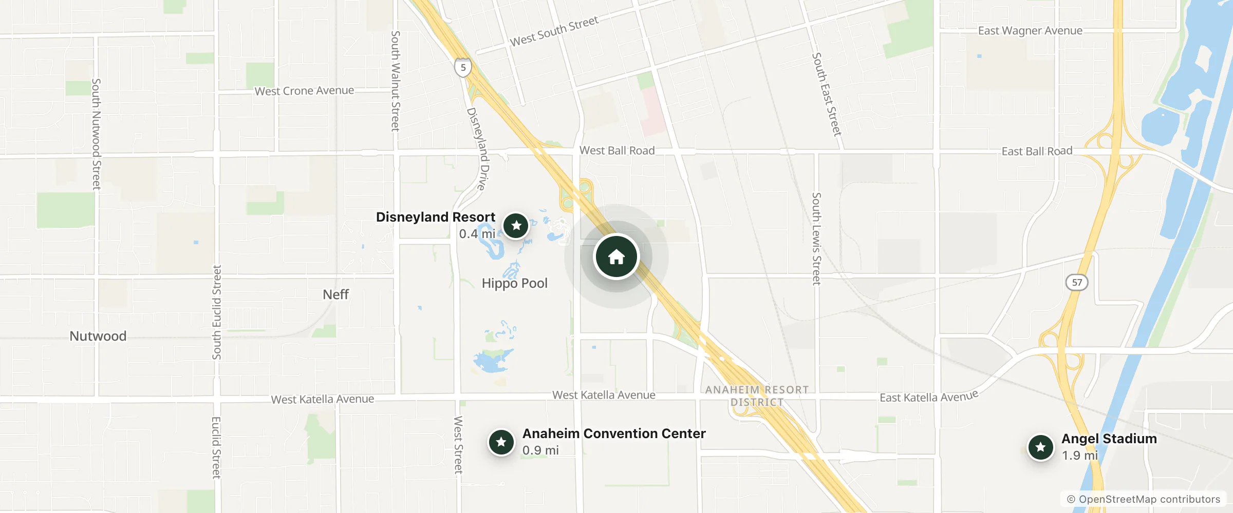 Map of Hilton Garden Inn Anaheim Resort and nearby Disneyland Resort, Anaheim Convention Center and Angel Stadium