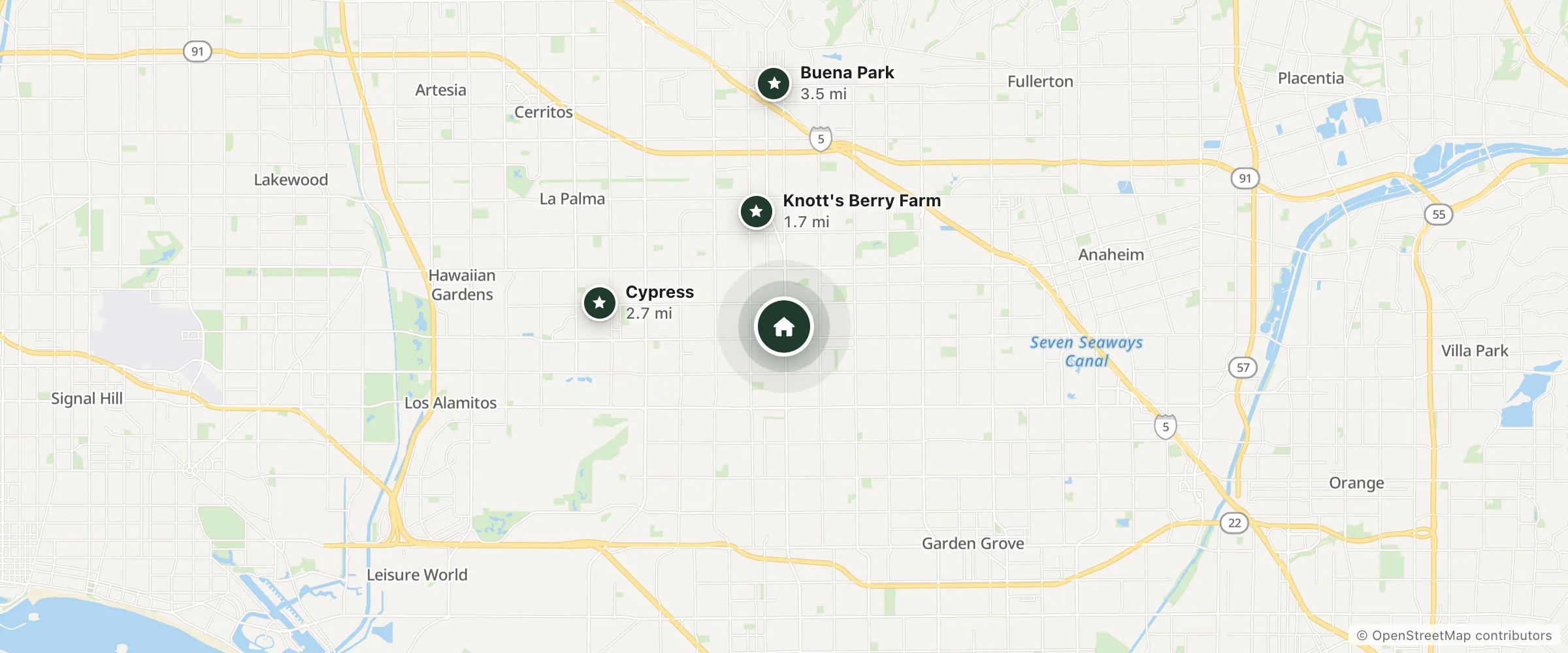 Map of Rainbow Inn and nearby Knott's Berry Farm, Cypress and Buena Park