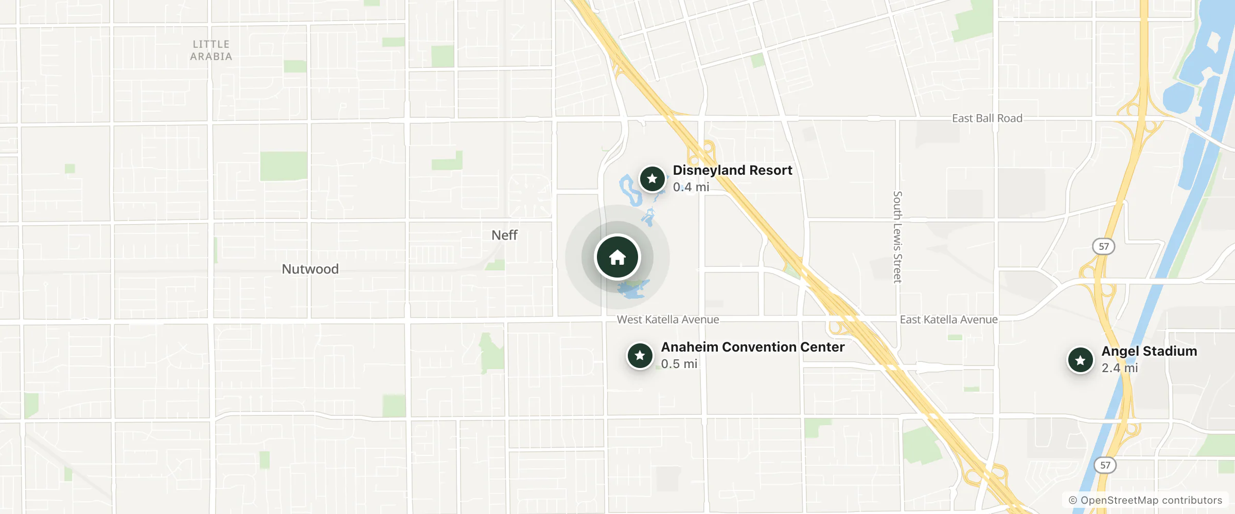 Map of Disney's Grand Californian Hotel & Spa and nearby Disneyland Resort, Anaheim Convention Center and Angel Stadium