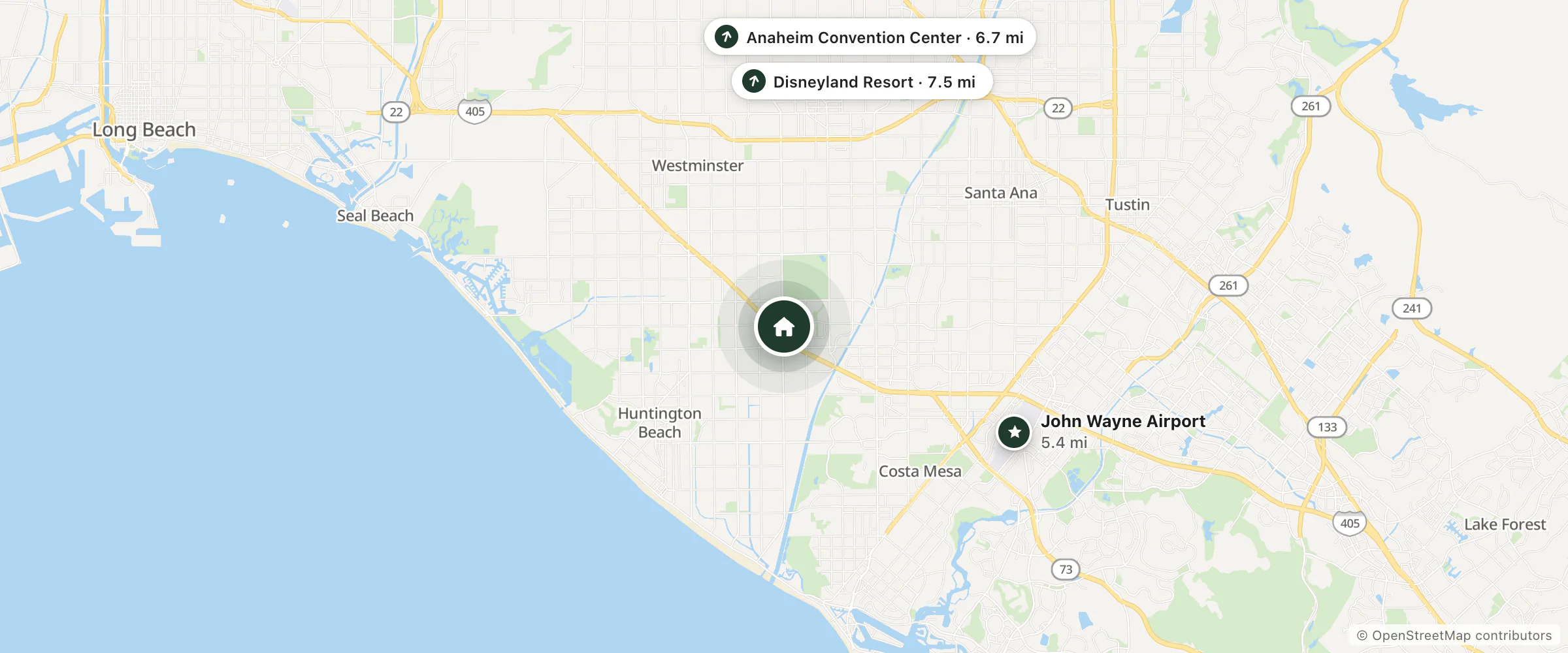 Map of Ayres Hotel Fountain Valley - Huntington Beach and nearby John Wayne Airport, Anaheim Convention Center and Disneyland Resort