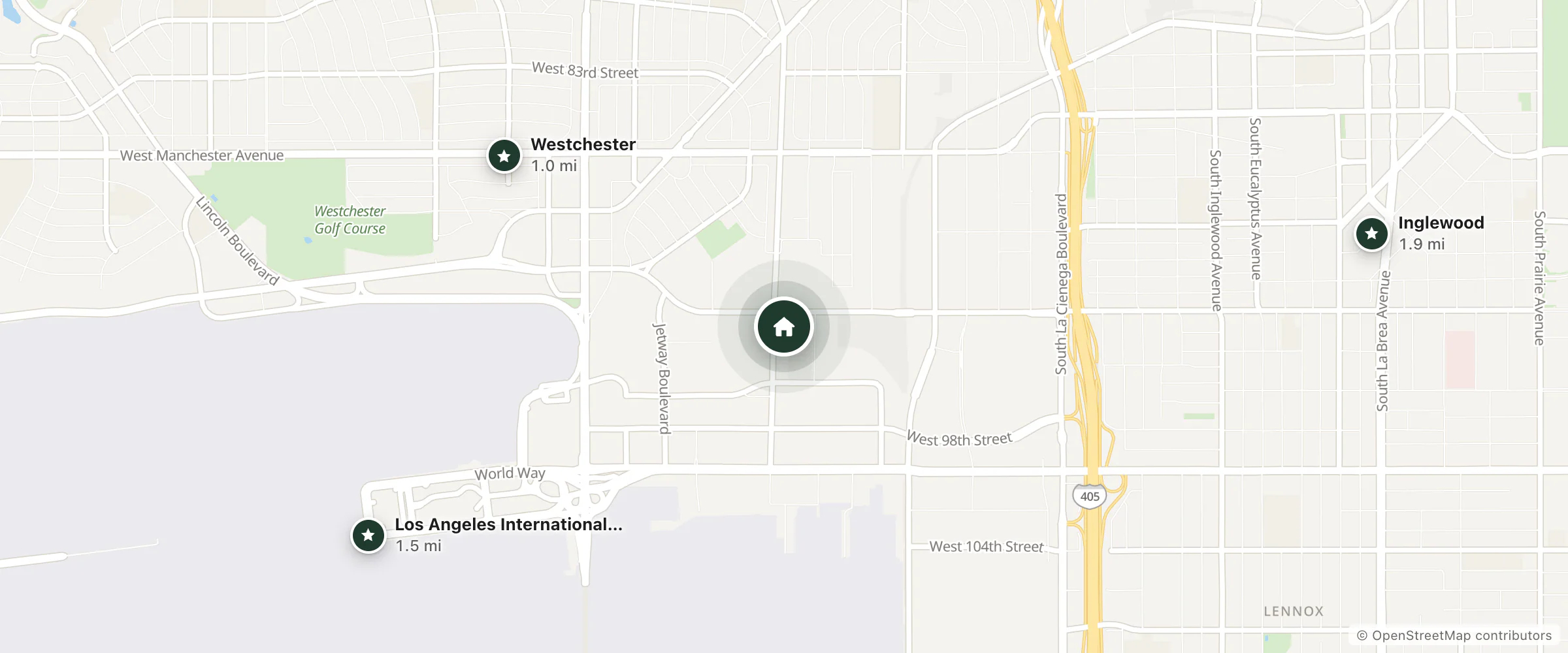 Map of Skywards Hotel and nearby Westchester, Los Angeles International Airport and Inglewood