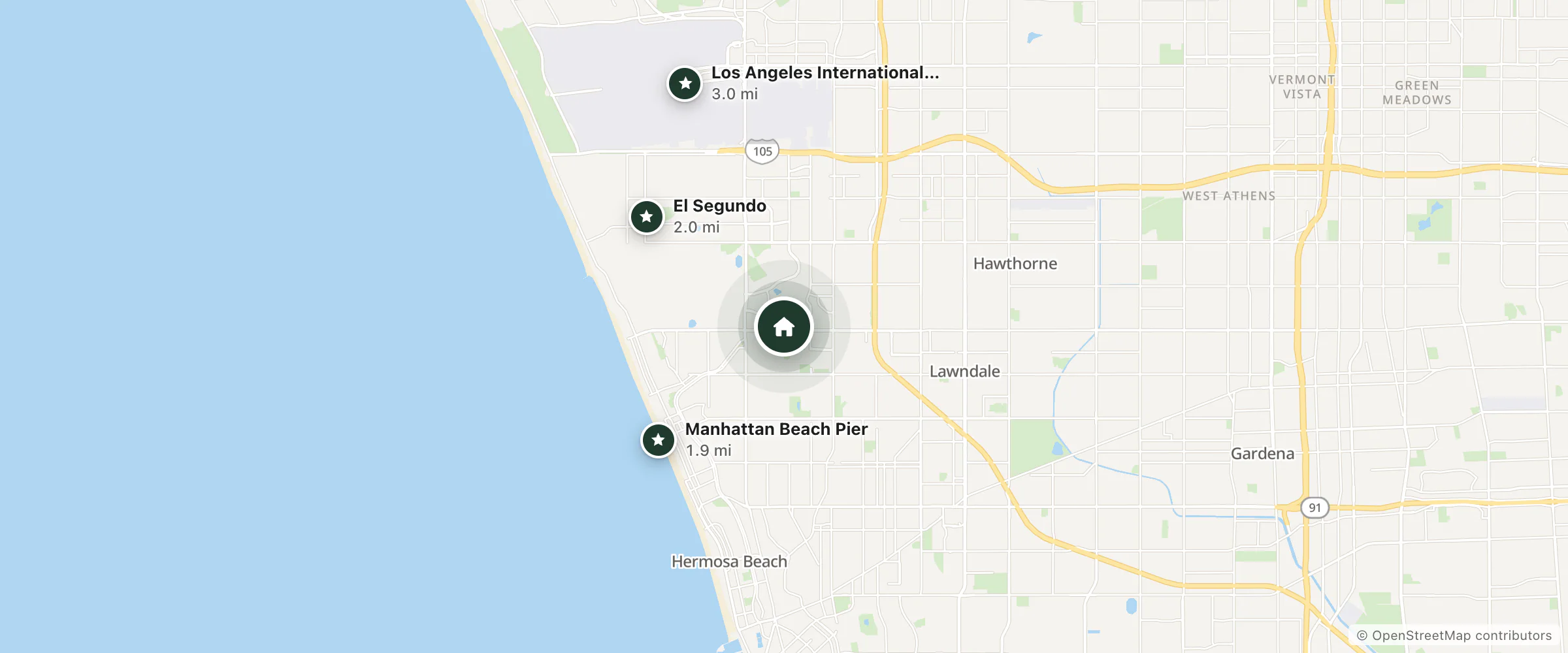 Map of Marriott Lobby Bar and nearby Manhattan Beach Pier, El Segundo and Los Angeles International Airport
