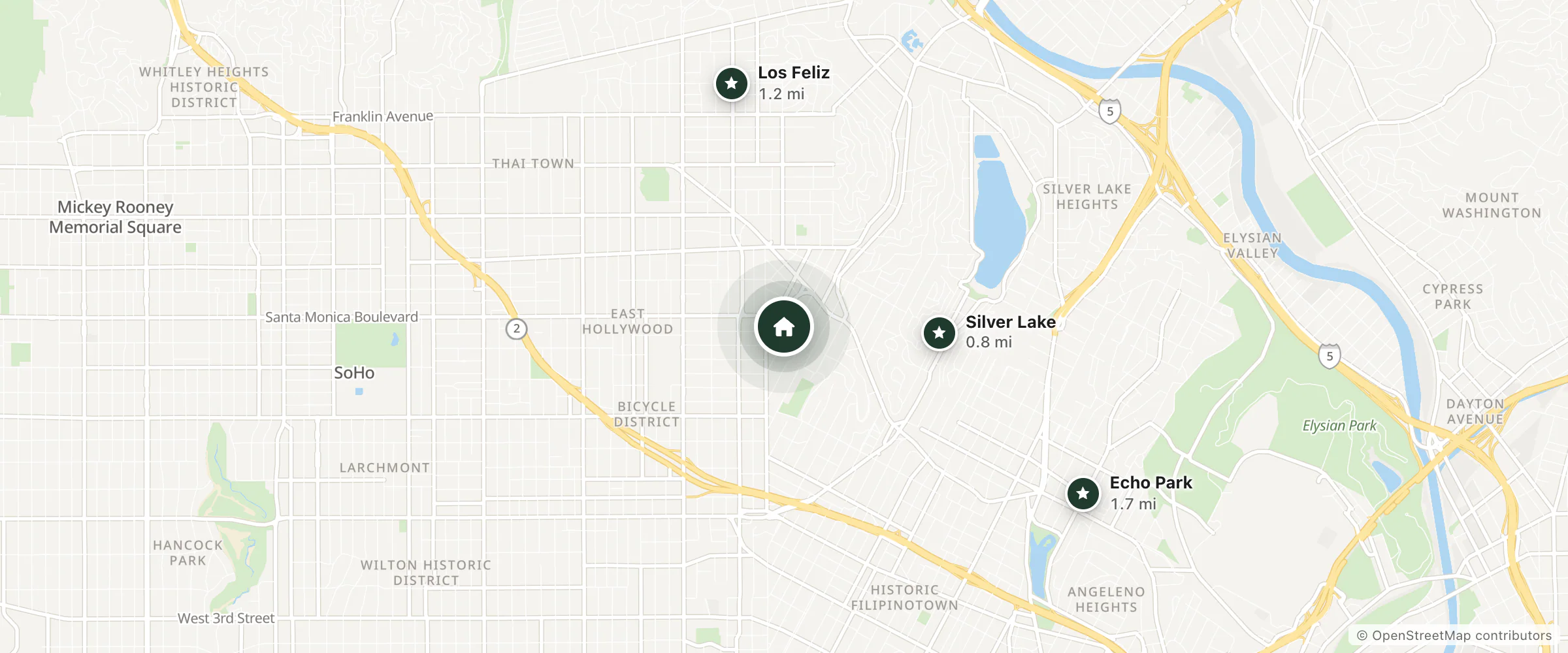 Map of The Big Bungalow Rooms and nearby Silver Lake, Los Feliz and Echo Park