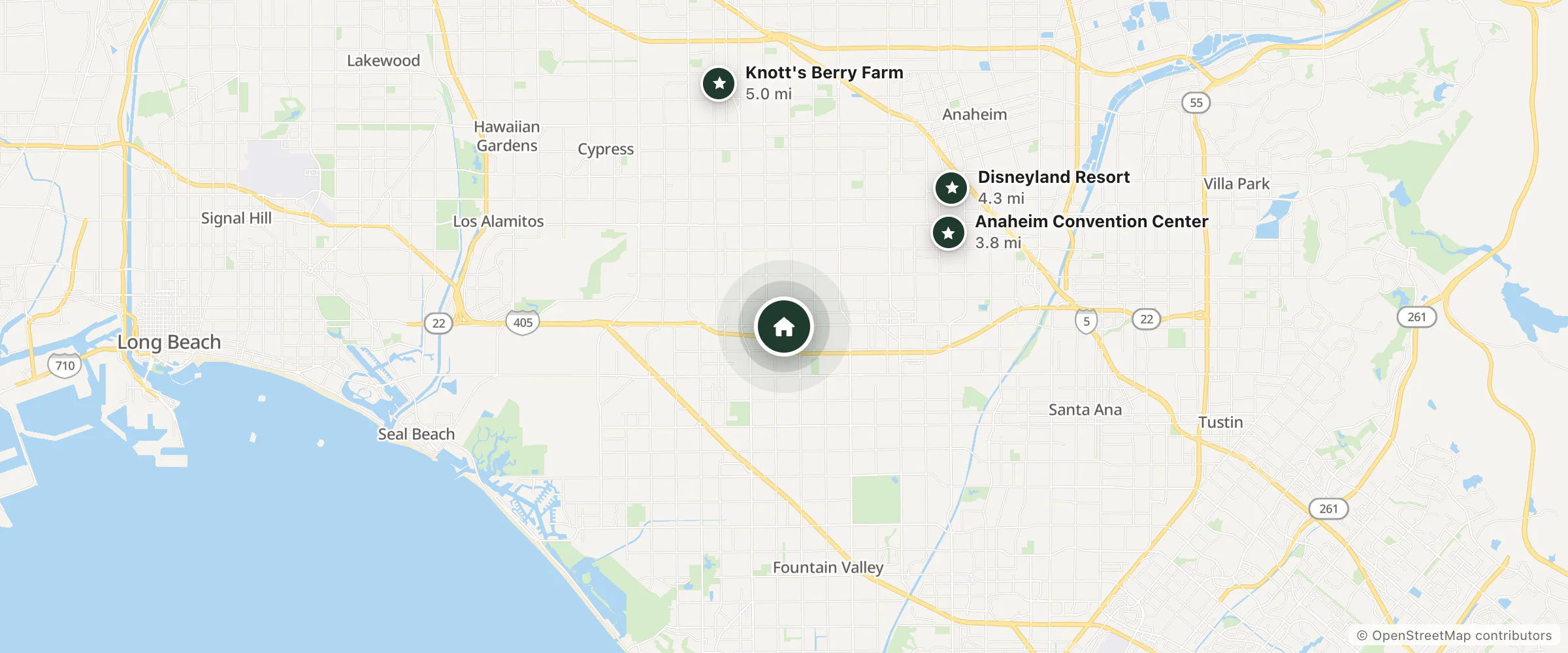 Map of La Casa Motel Garden Grove and nearby Anaheim Convention Center, Disneyland Resort and Knott's Berry Farm