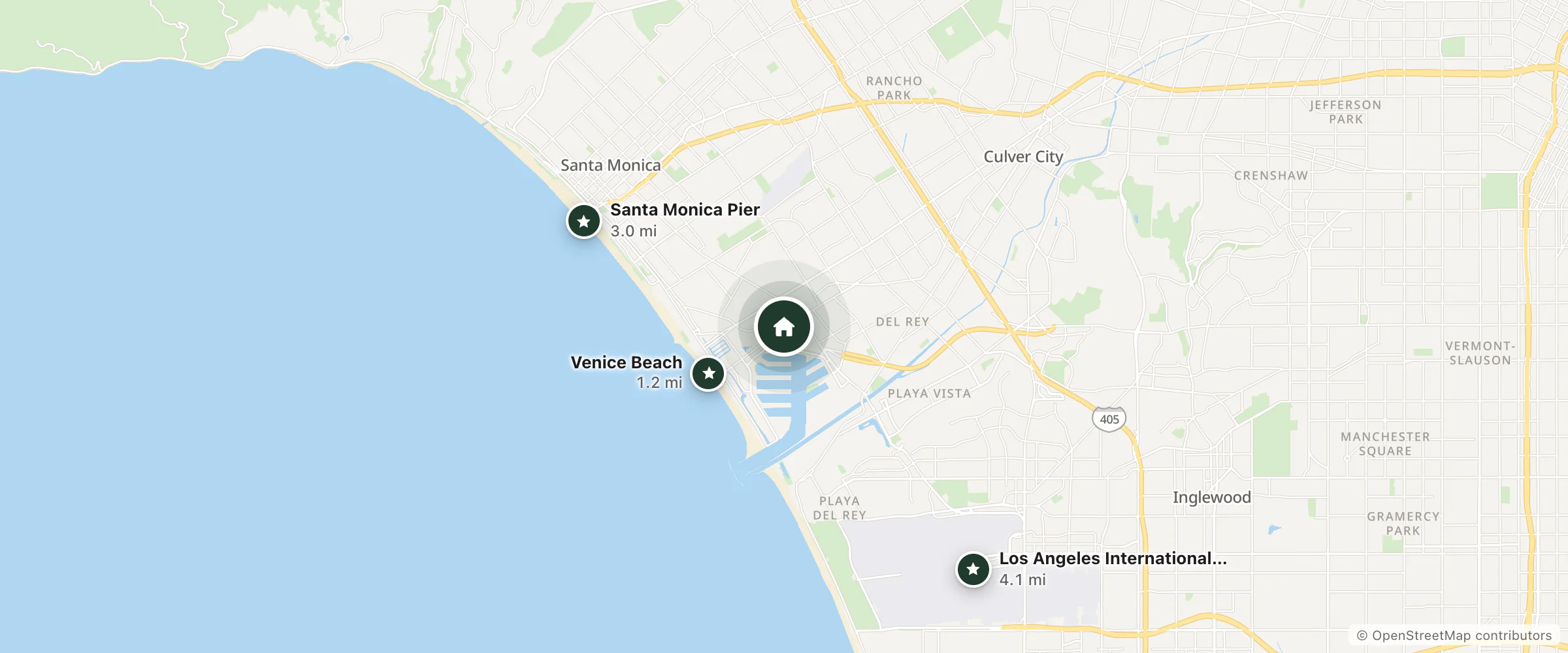 Map of Jolly Roger Hotel and nearby Venice Beach, Santa Monica Pier and Los Angeles International Airport