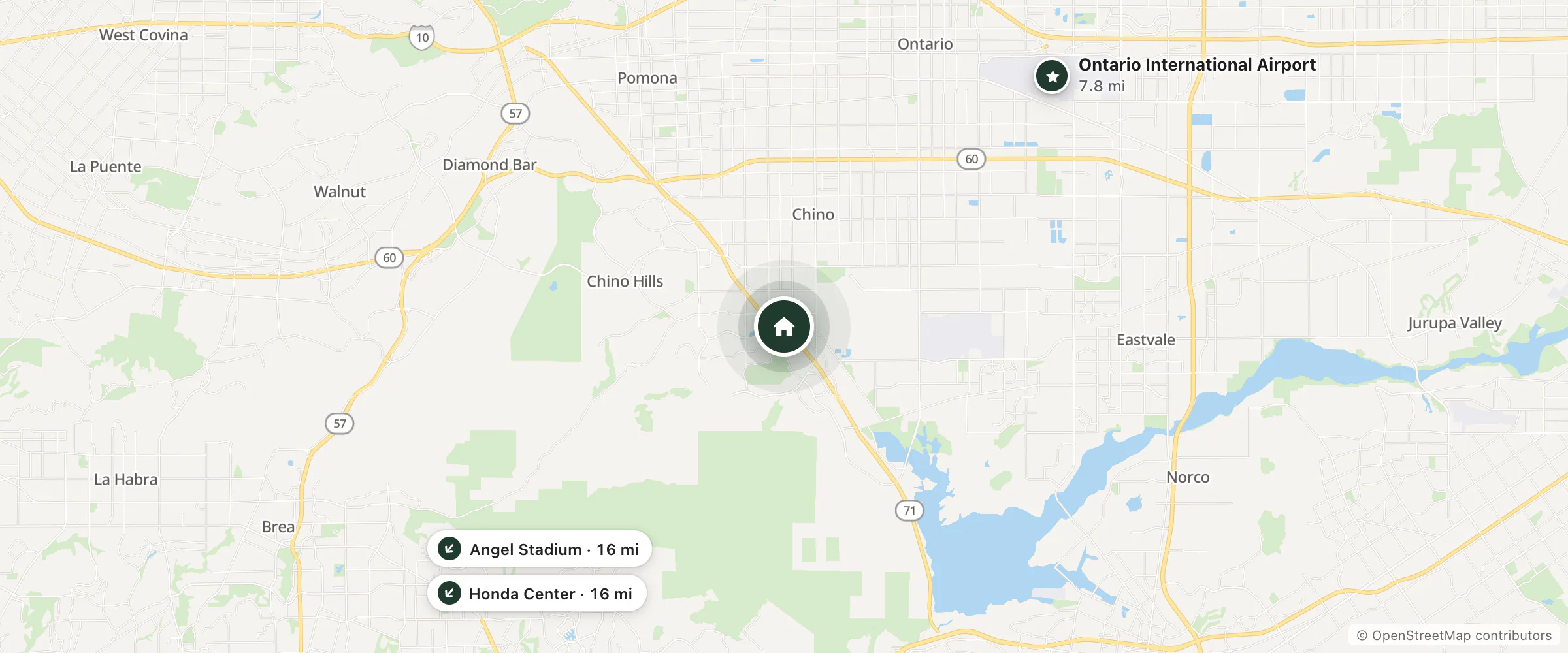 Map of Ayres Hotel Chino Hills - Ontario and nearby Ontario International Airport, Honda Center and Angel Stadium