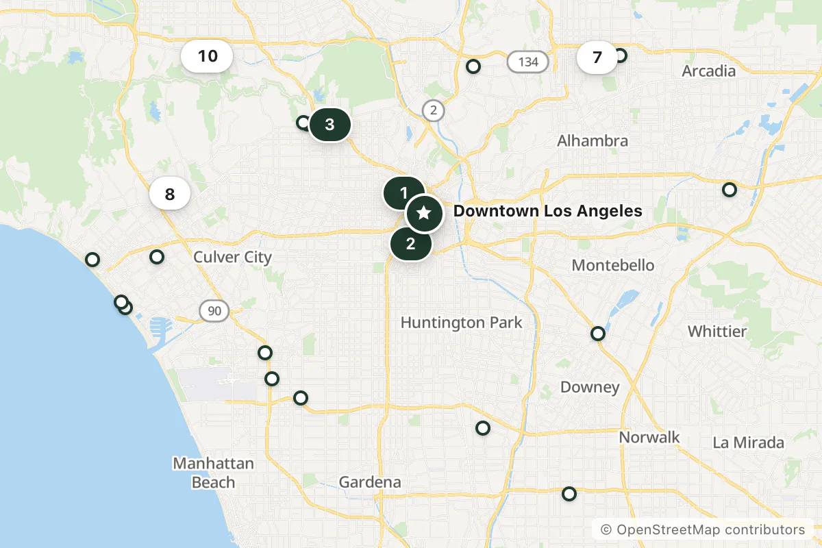 Map of the top 25 hotels for this question around Downtown Los Angeles