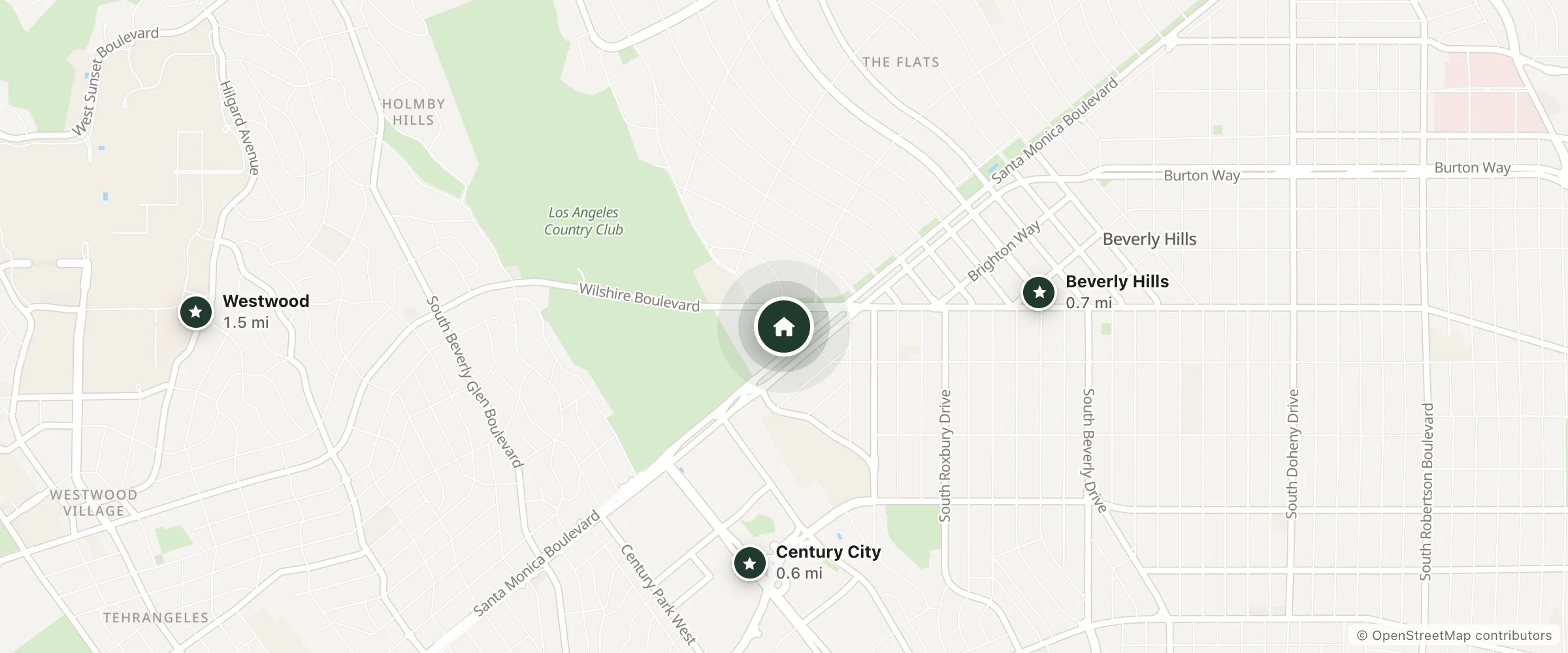 Map of The Beverly Hilton and nearby Century City, Beverly Hills and Westwood