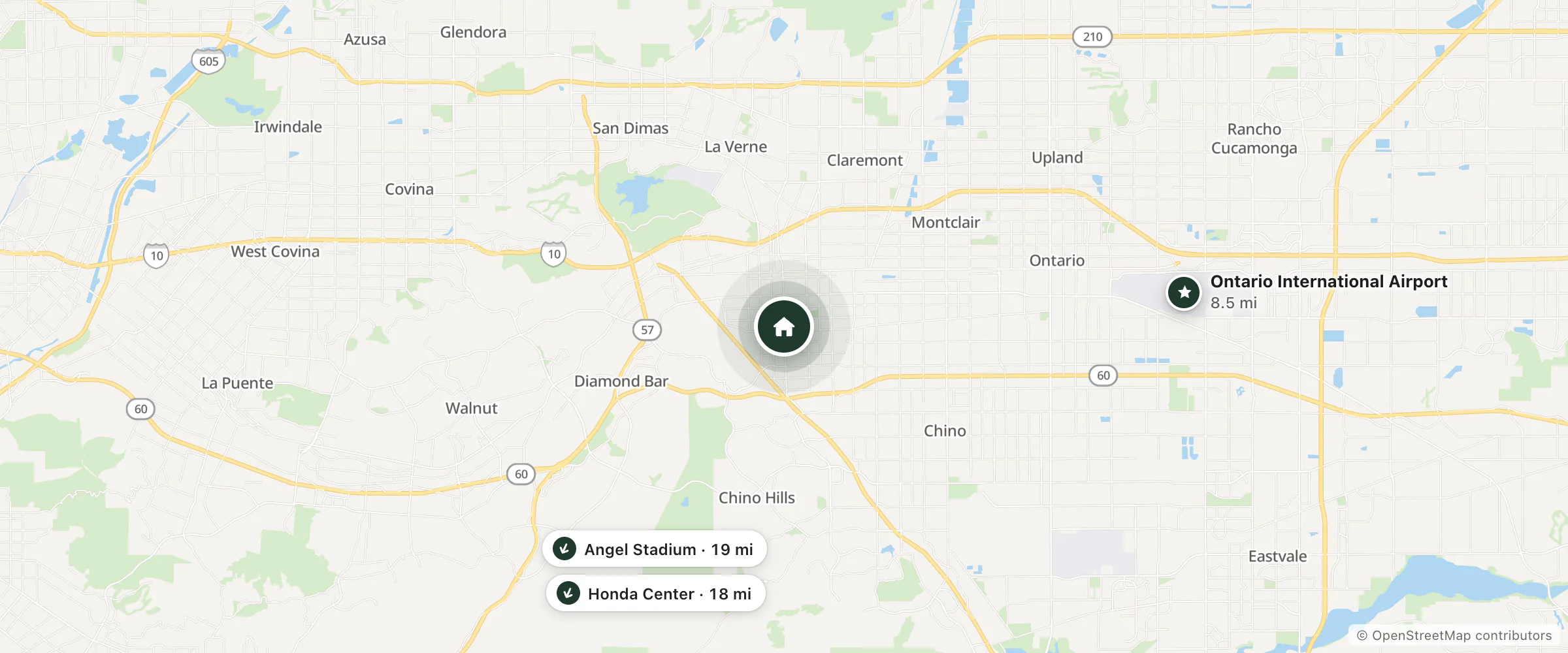 Map of Comfort Inn Pomona and nearby Ontario International Airport, Honda Center and Angel Stadium